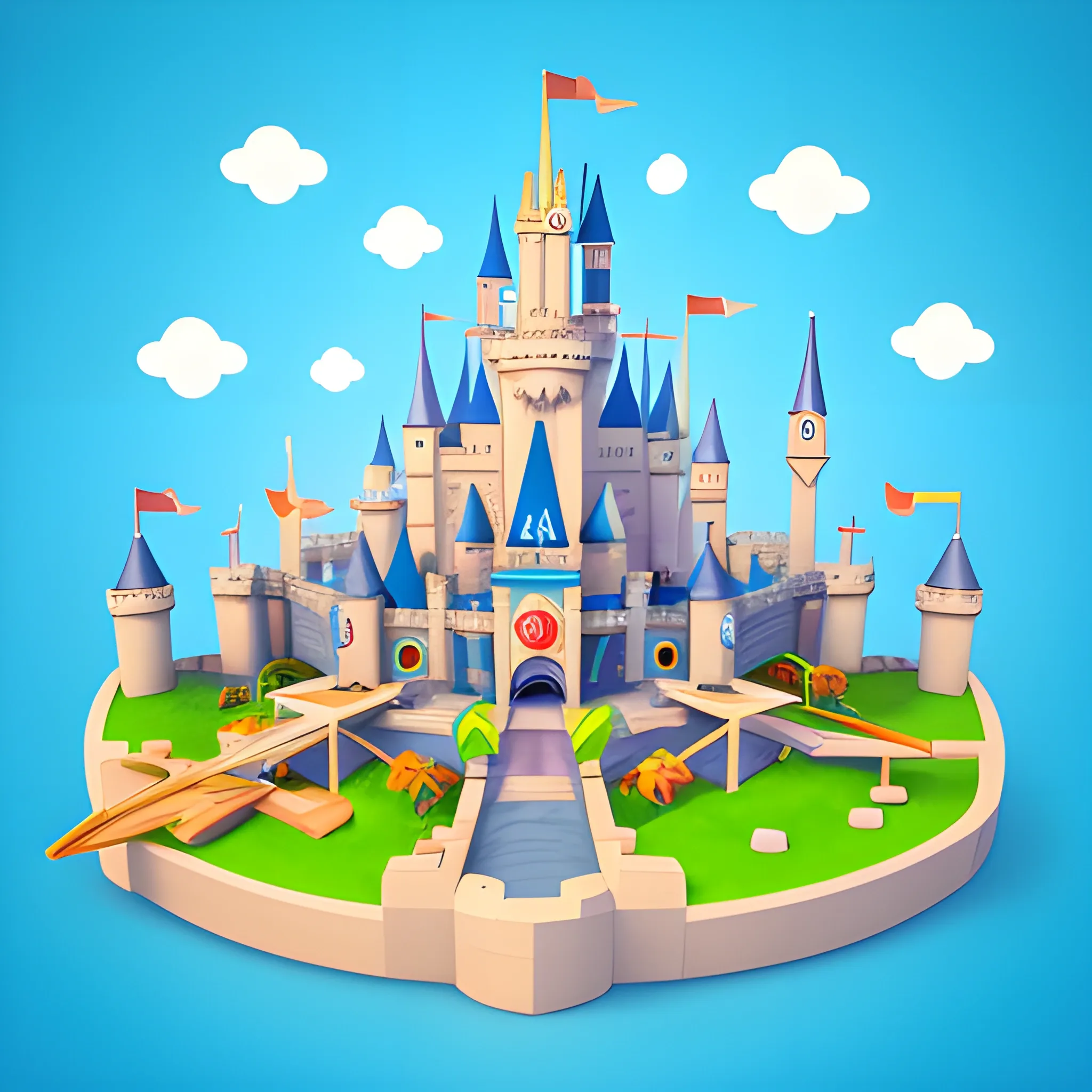 Create a cute cartoon 45-degree angle game artwork inspired by the Toon Blast and Peak Games,disney,add Photorealism,and high quality,multi-detail,HD, Cartoon,model,3D,pixar,
 ,while maintaining the simplest structure and fewer colors,Stylish and minimalist,colorful,castle model