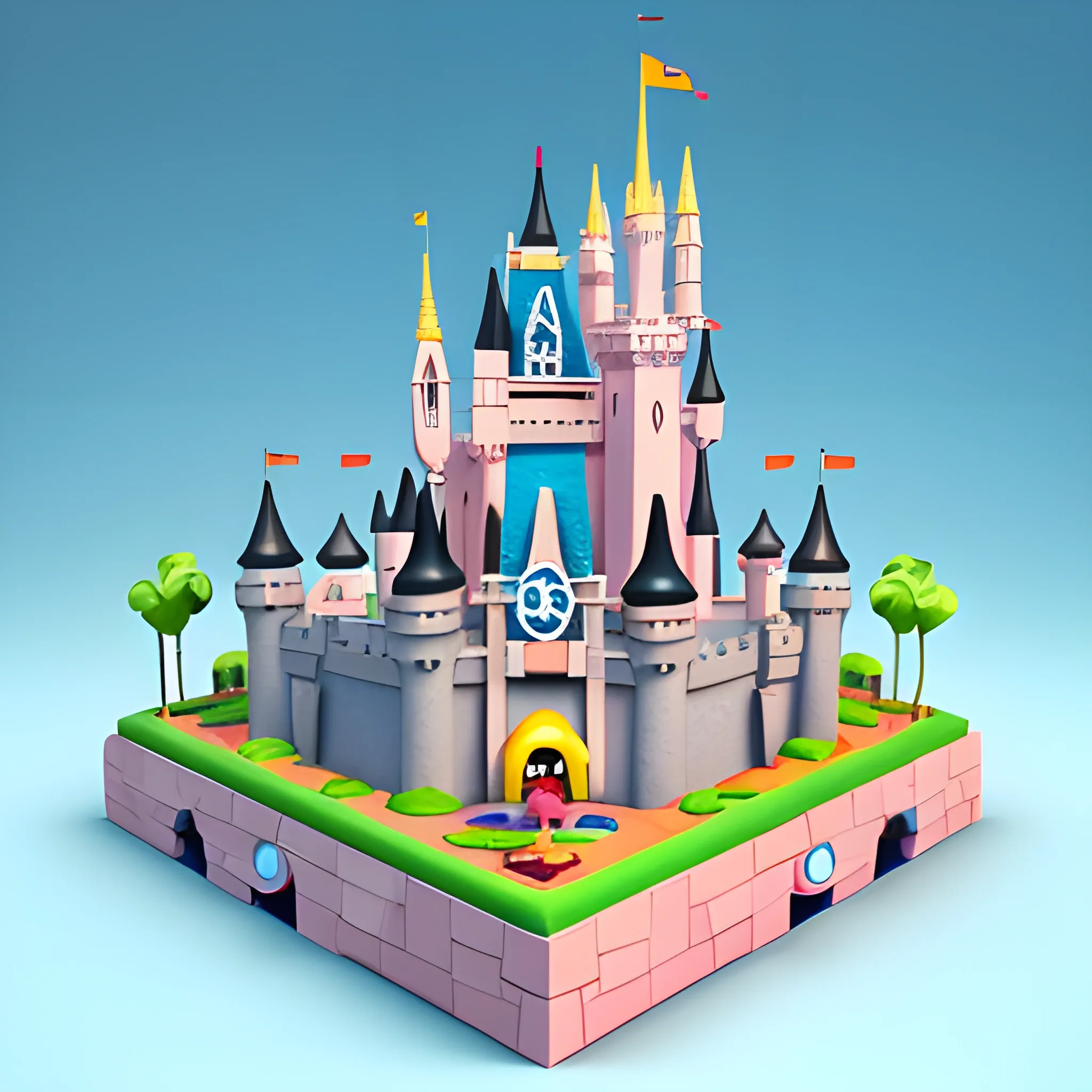 Create a cute cartoon 45-degree angle game artwork inspired by the Toon Blast and Peak Games,disney,add Photorealism,and high quality,multi-detail,HD, Cartoon,model,3D,pixar,
 ,while maintaining the simplest structure and fewer colors,Stylish and minimalist,colorful,castle model