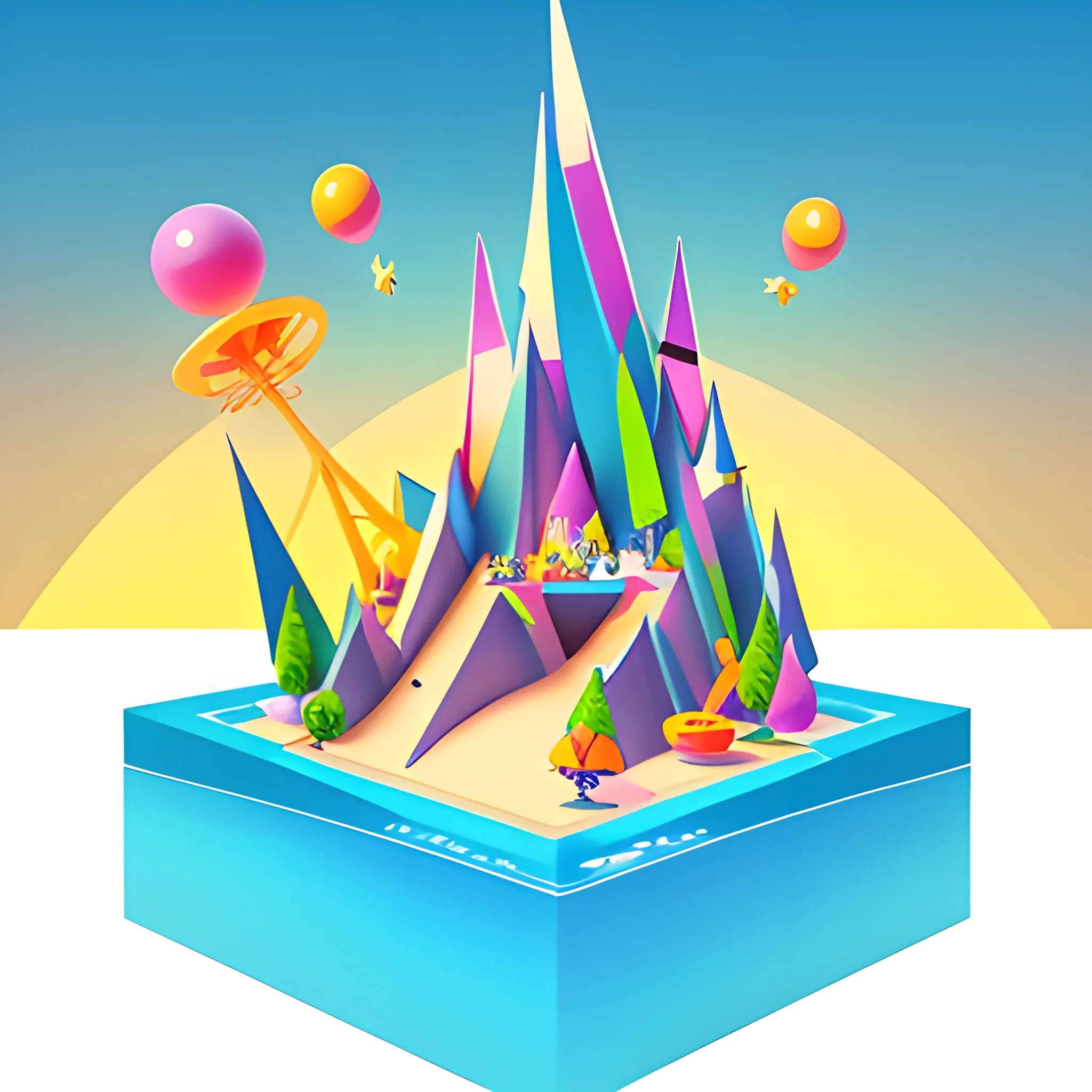 Create a cute cartoon 45-degree angle game artwork inspired by the Toon Blast and Peak Games,disney,add Photorealism,and high quality,multi-detail,HD, Cartoon,model,3D,pixar,
 ,while maintaining the simplest structure and fewer colors,Stylish and minimalist,colorful,lake model