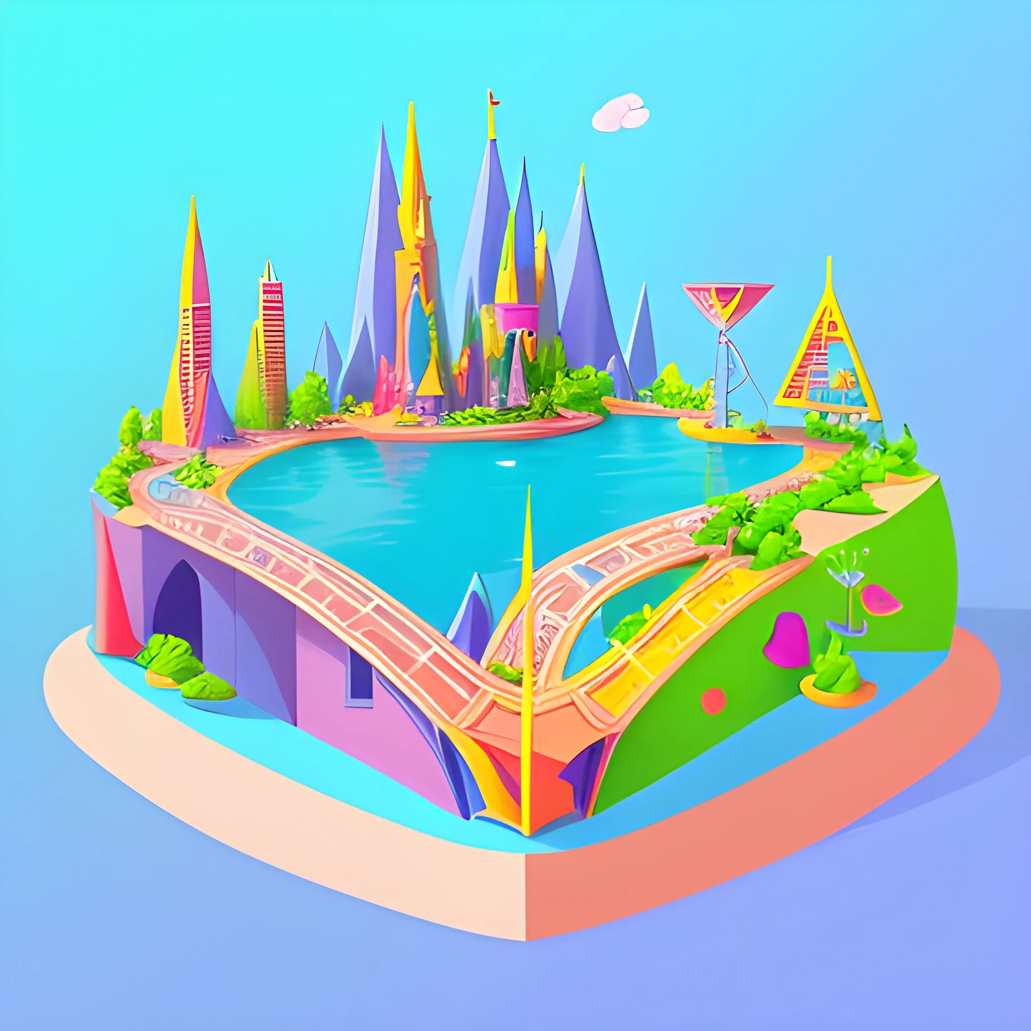 Create a cute cartoon 45-degree angle game artwork inspired by the Toon Blast and Peak Games,disney,add Photorealism,and high quality,multi-detail,HD, Cartoon,model,3D,pixar,
 ,while maintaining the simplest structure and fewer colors,Stylish and minimalist,colorful,lake model