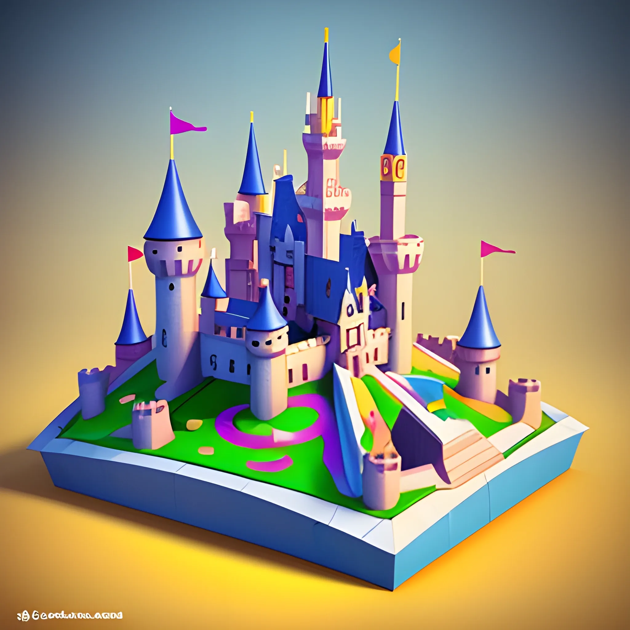 Create a cute cartoon 45-degree angle game artwork inspired by the Toon Blast and Peak Games,disney,add Photorealism,and high quality,multi-detail,HD, Cartoon,model,3D,pixar,
 ,while maintaining the simplest structure and fewer colors,Stylish and minimalist,colorful,castle model