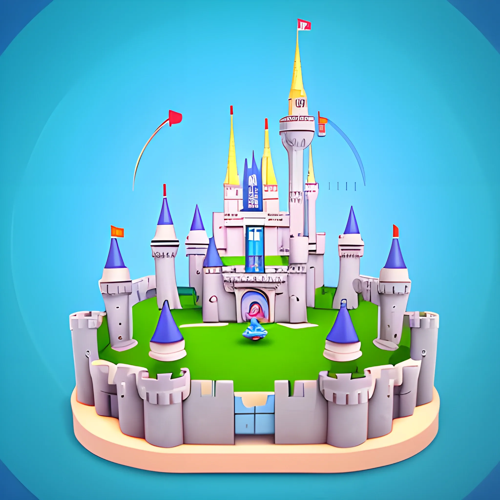 Create a cute cartoon 45-degree angle game artwork inspired by the Toon Blast and Peak Games,disney,add Photorealism,and high quality,multi-detail,HD, Cartoon,model,3D,pixar,
 ,while maintaining the simplest structure and fewer colors,Stylish and minimalist,colorful,castle model