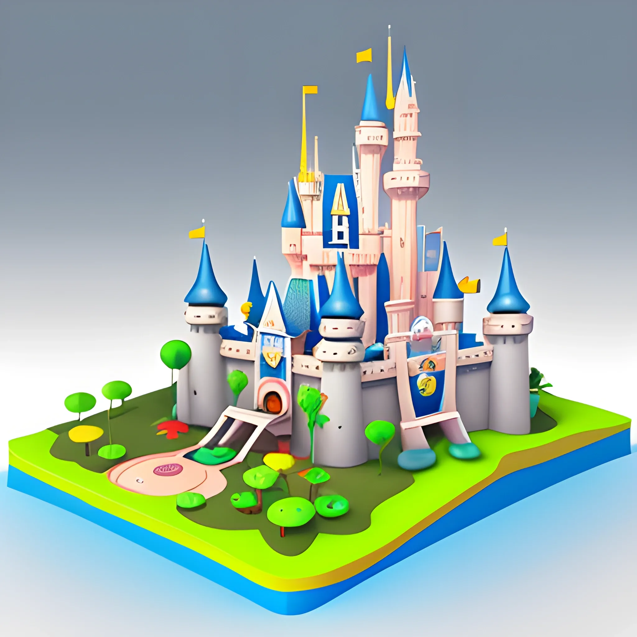 Create a cute cartoon 45-degree angle game artwork inspired by the Toon Blast and Peak Games,disney,add Photorealism,and high quality,multi-detail,HD, Cartoon,model,3D,pixar,
 ,while maintaining the simplest structure and fewer colors,Stylish and minimalist,colorful,castle model