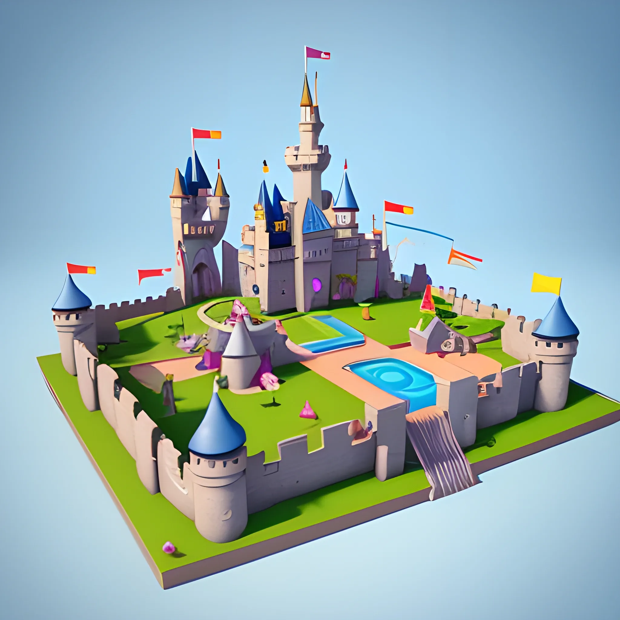 Create a cute cartoon 45-degree angle game artwork inspired by the Toon Blast and Peak Games,disney,add Photorealism,and high quality,multi-detail,HD, Cartoon,model,3D,pixar,
 ,while maintaining the simplest structure and fewer colors,Stylish and minimalist,colorful,castle model