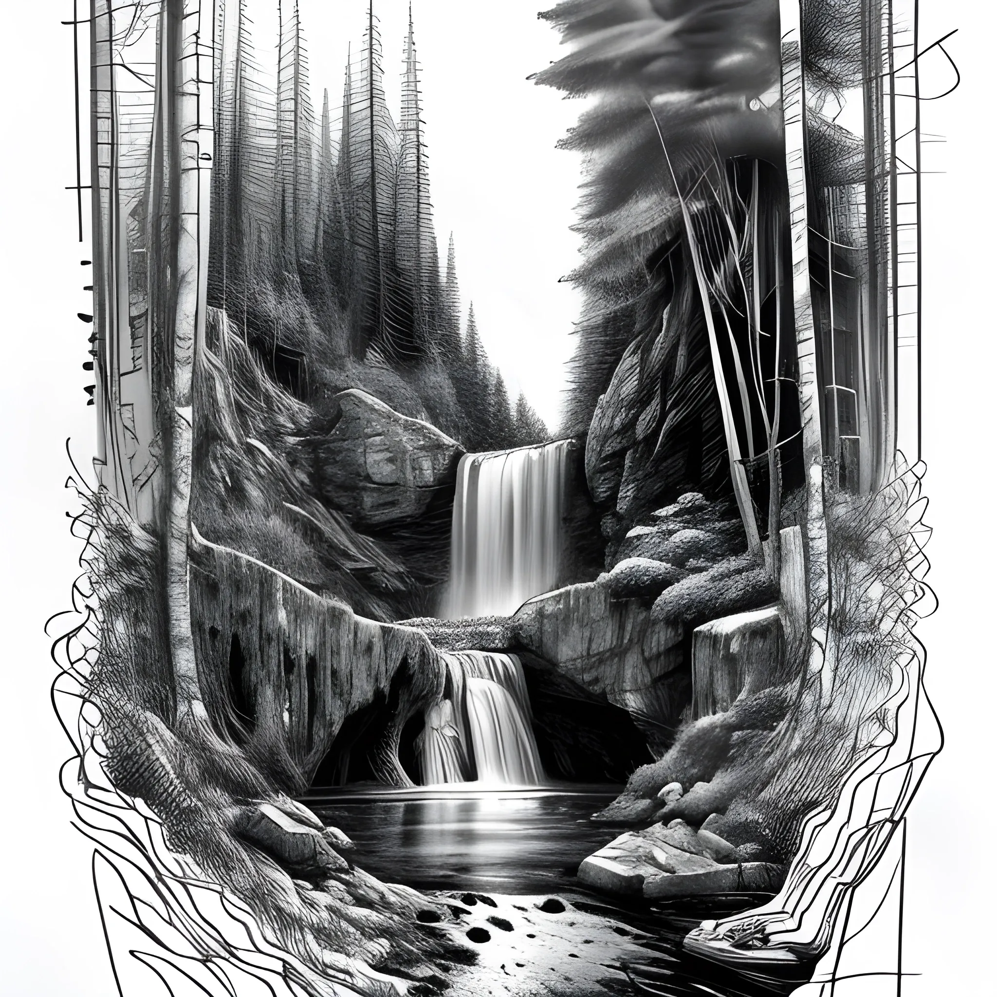 Pencil drawing, nature with waterfall in the background