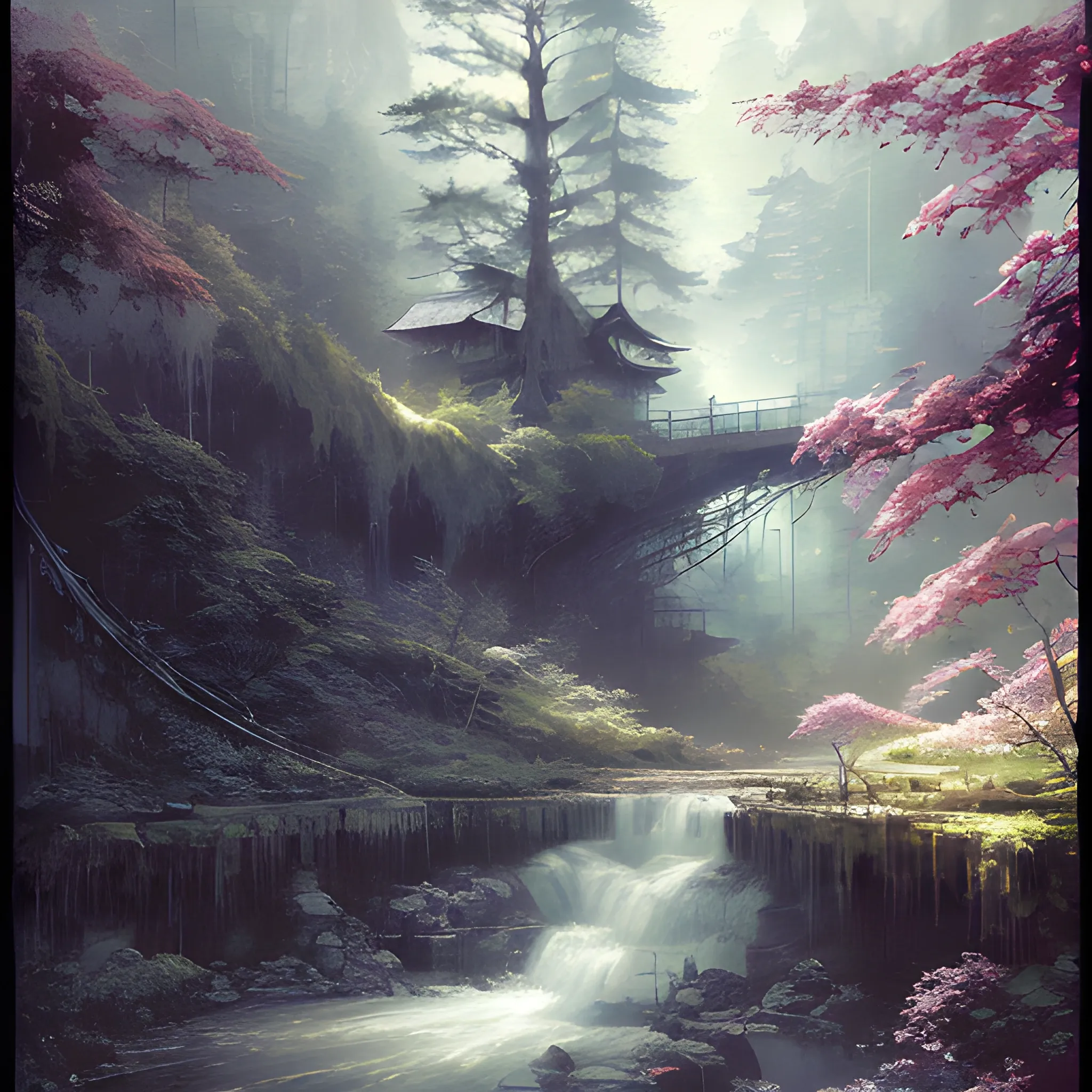 t-shirt print Akihito Yoshida oil painting style, highly detailed, free, fantasy, beautiful nature, with trees and waterfall, intricate details and precisely drawn in style of jeremy mann, Water Color