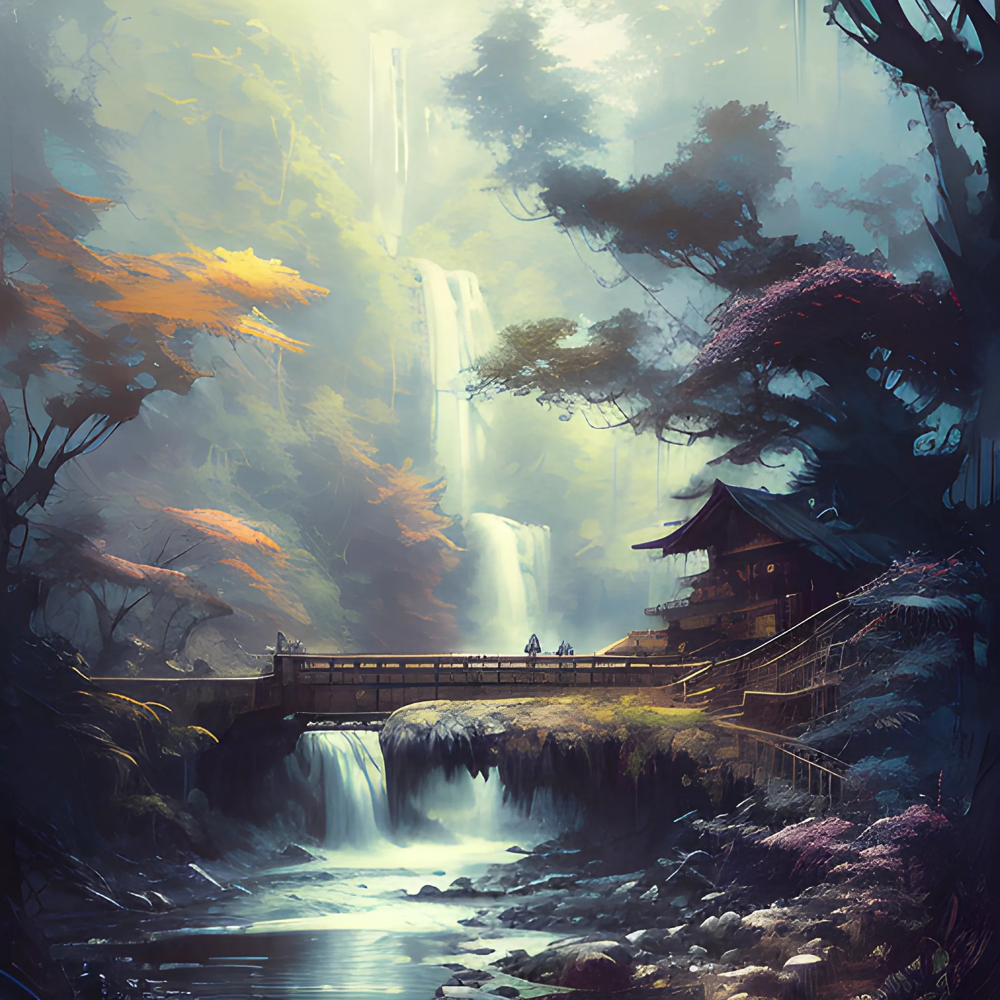 t-shirt print Akihito Yoshida oil painting style, highly detailed, free, fantasy, beautiful nature, with trees and waterfall, intricate details and precisely drawn in style of jeremy mann, Water Color