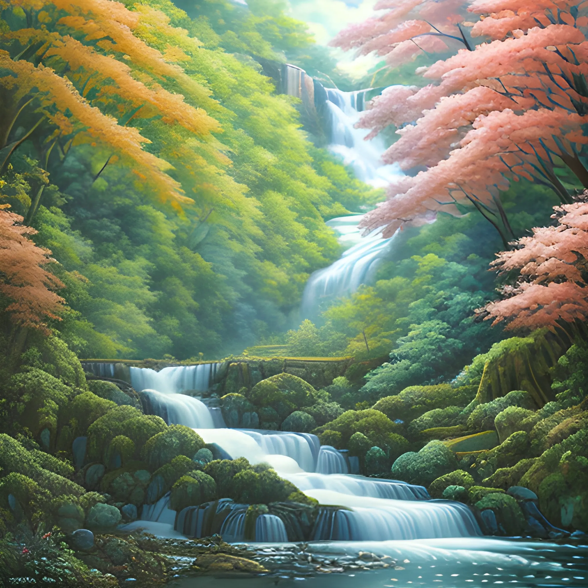 seamless pattern of Akihito Yoshida oil painting style,  beautiful nature, with trees and waterfall, Oil Painting