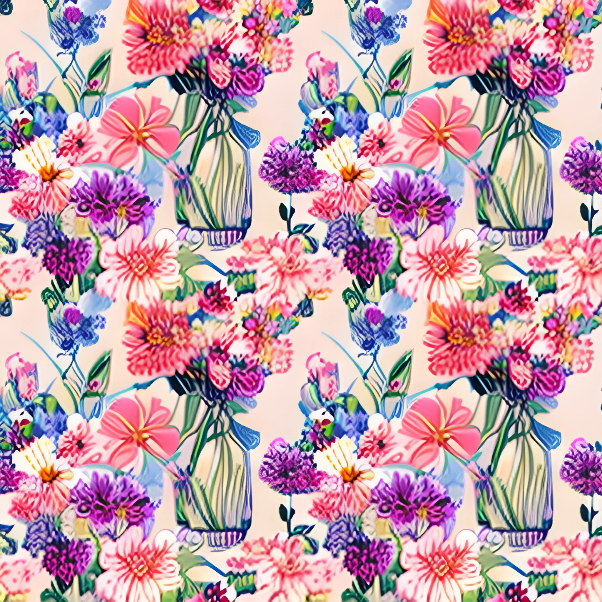 seamless pattern of various flowers, Akihito Yoshida oil painting style, , Oil Painting