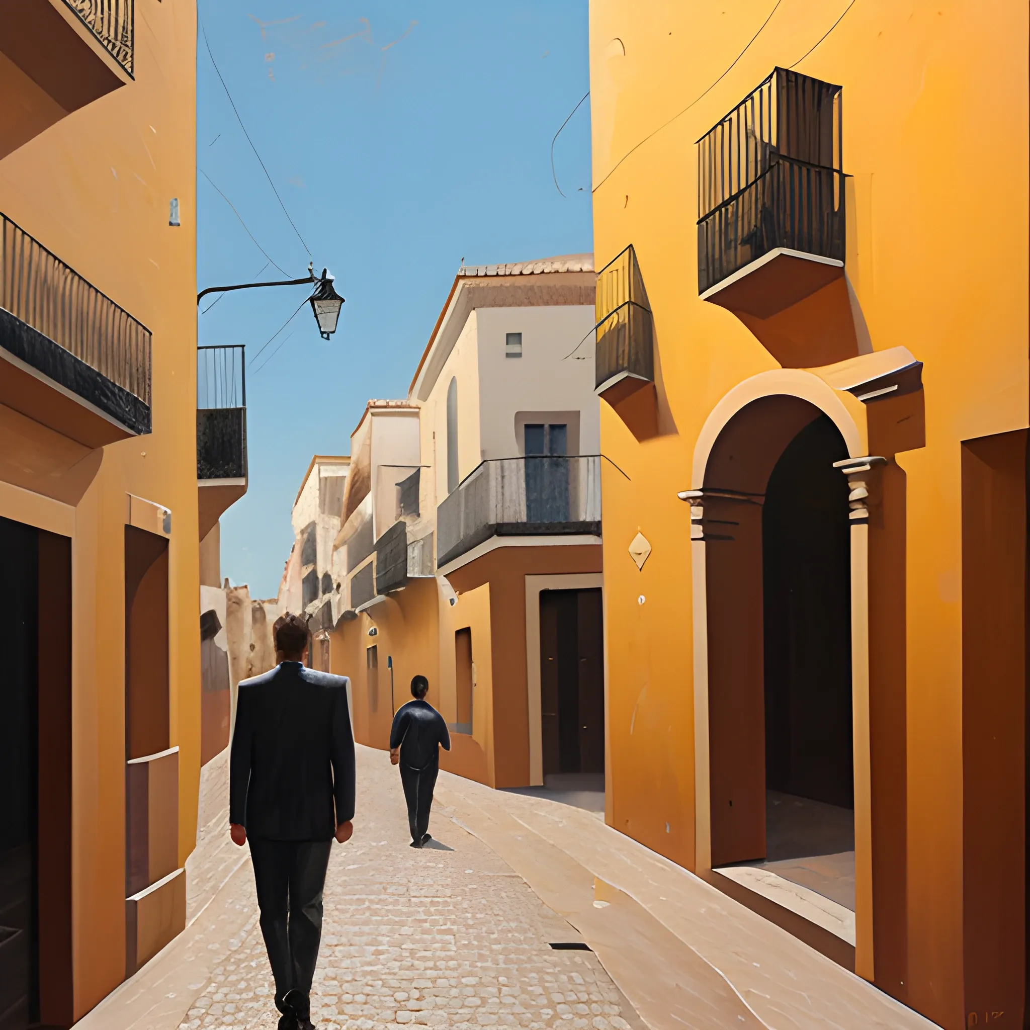 Un hombre con el pelo largo caminando por las calles de Jaén , Oil Painting