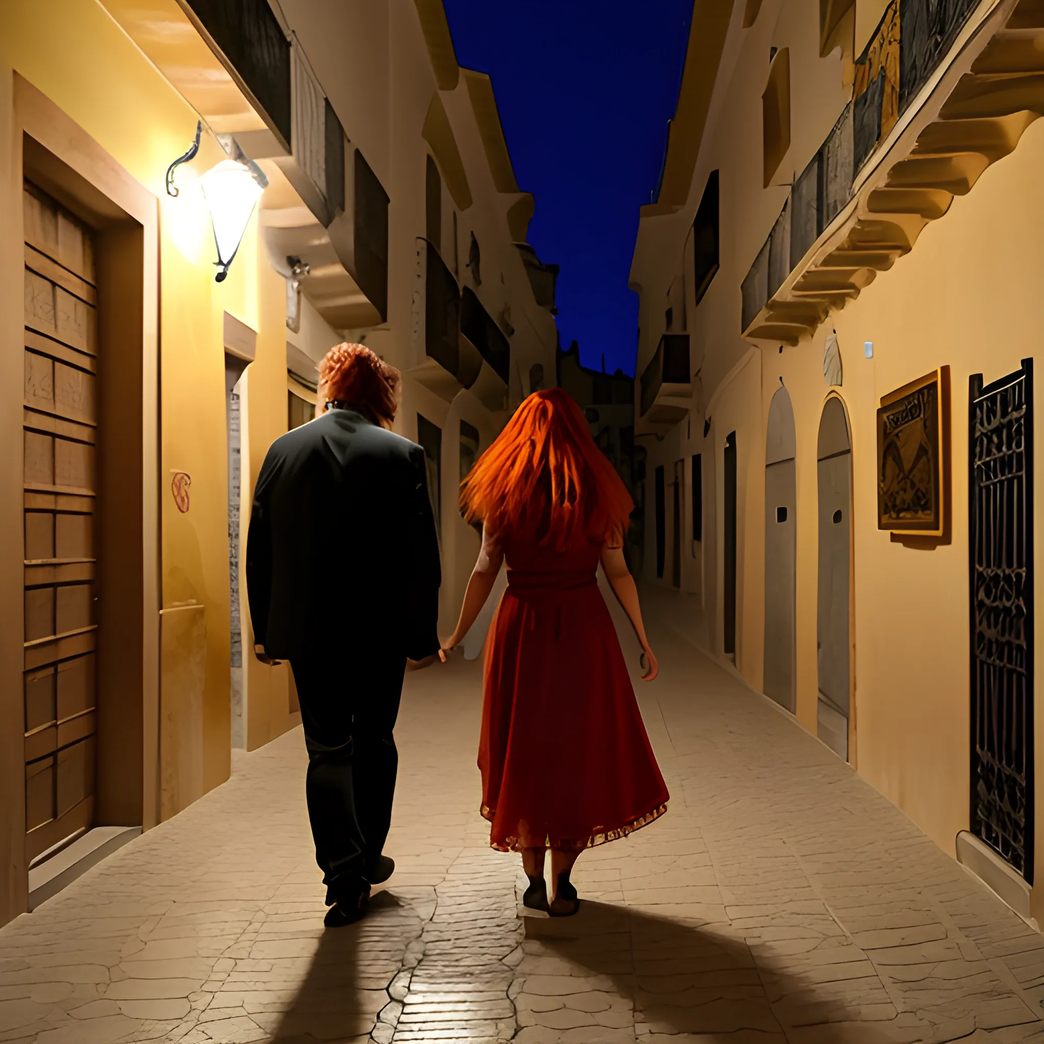 Una mujer pelirroja y un hombre con el pelo largo caminando por Jaén de noche