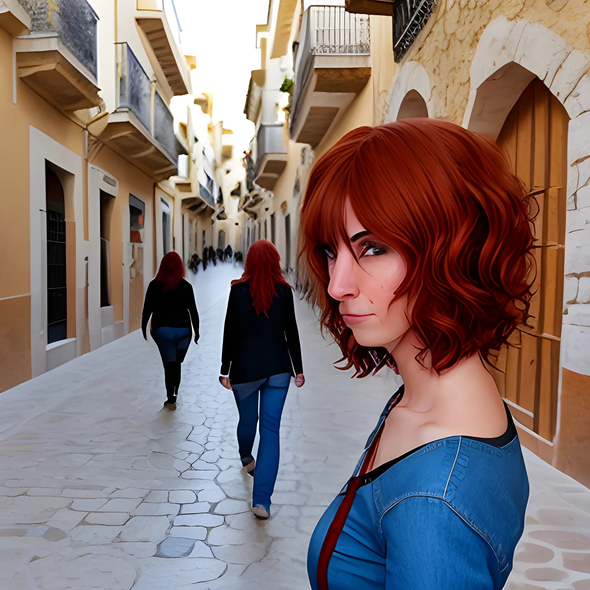 Rockero con el pelo largo caminando por Jaén con mujer pelirroja 