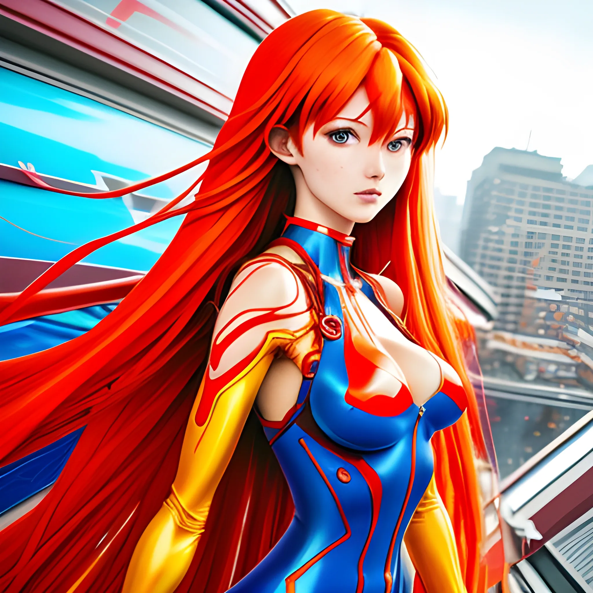 (best quality, masterpiece, colorful, dynamic angle, highest detailed)(Asuka Langley), upper body photo, fashion photography of cute red long hair girl (Asuka Langley), dressing high detailed Evangelion red suit (high resolution textures), in dynamic pose, bokeh, (intricate details, hyperdetailed:1.15), detailed, sunlight passing through hair, colorful art background, (official art, extreme detailed, highest detailed),, Pencil Sketch