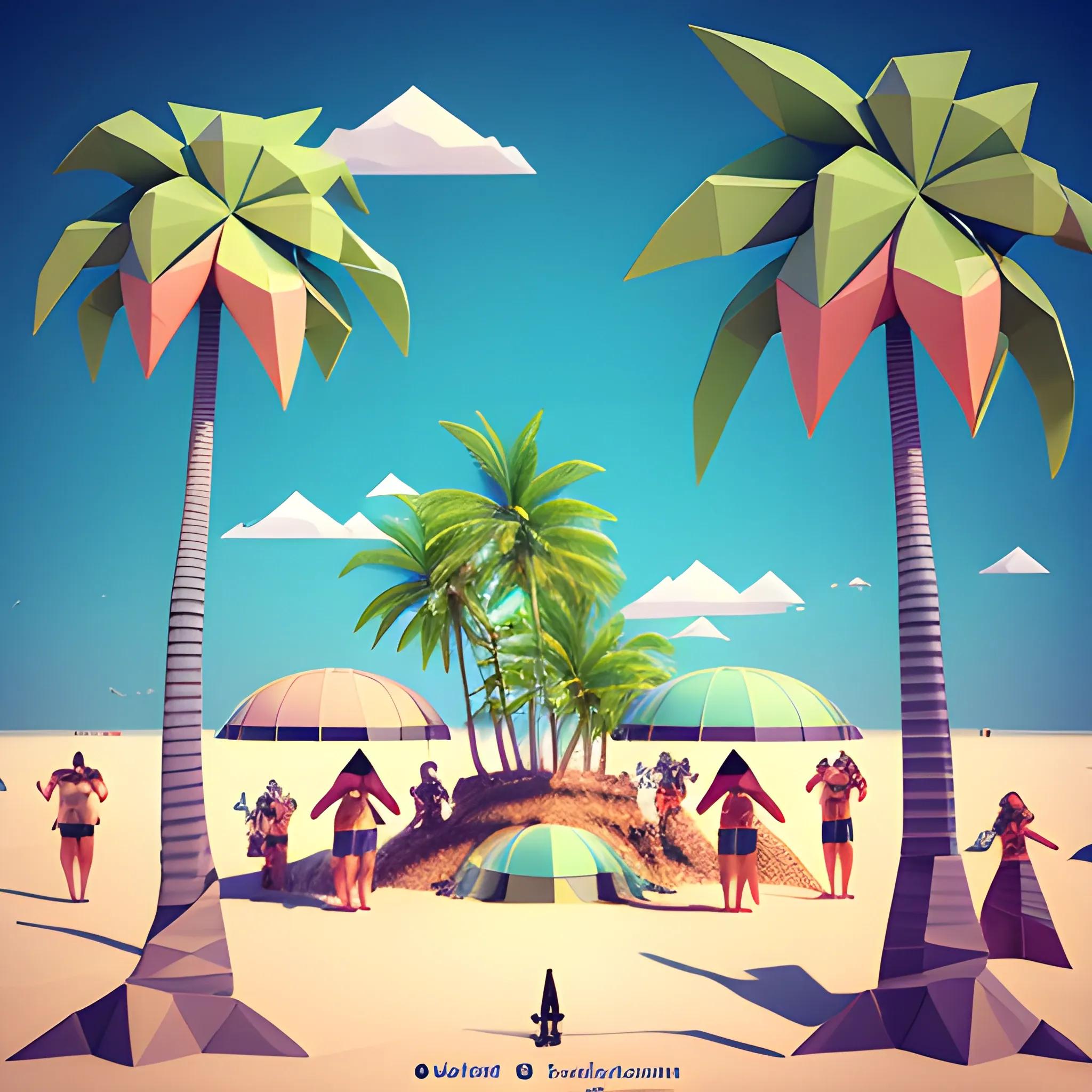 Beach party on alien landscape with dj and lots of people low poly jungle heronious bosch palm trees 