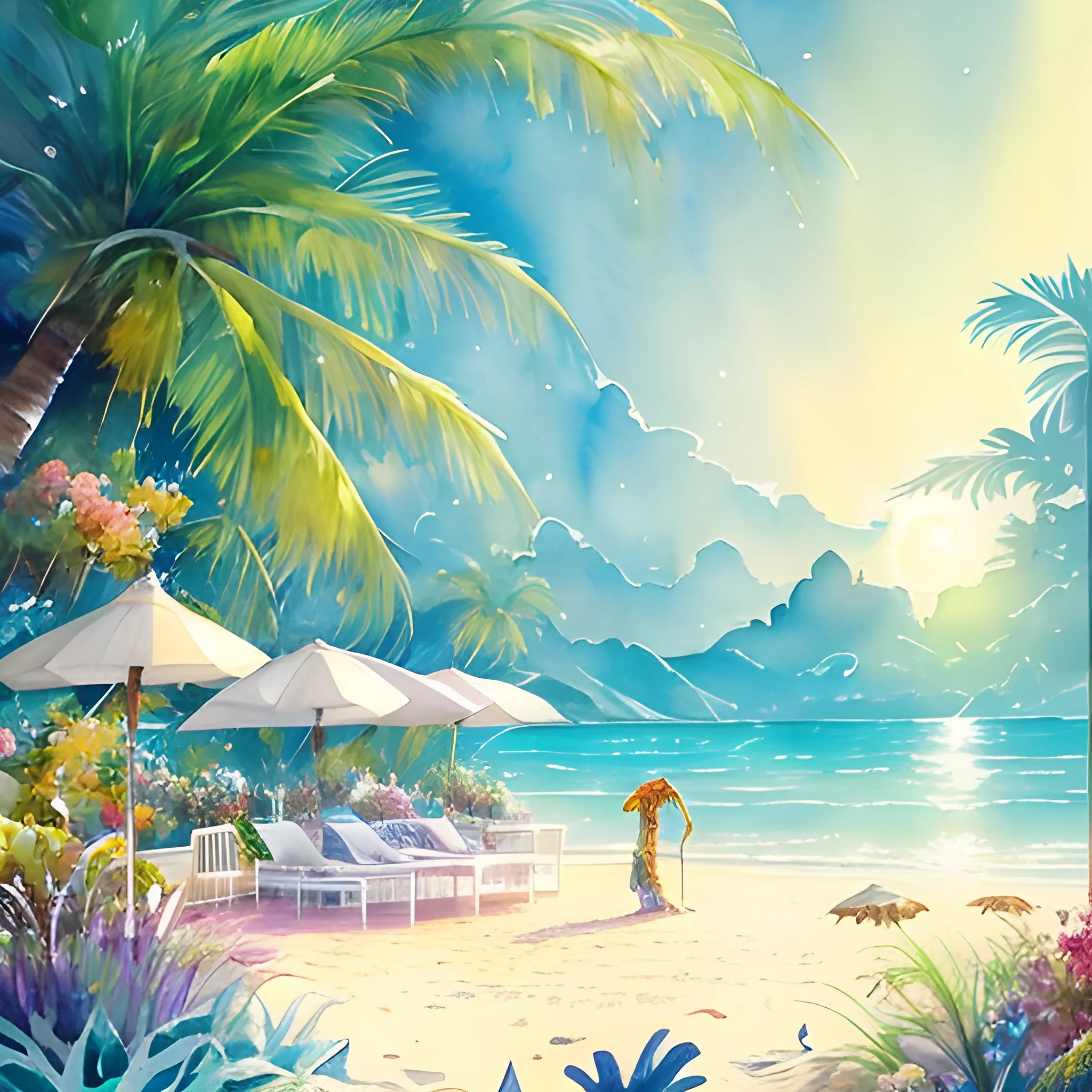 Beautiful happy picturesque charming sci-fi beach party in harmony with nature. Beautiful light. Water and plants. Nice colour scheme, soft warm colour. Beautiful detailed artistic watercolor by Vincent. 