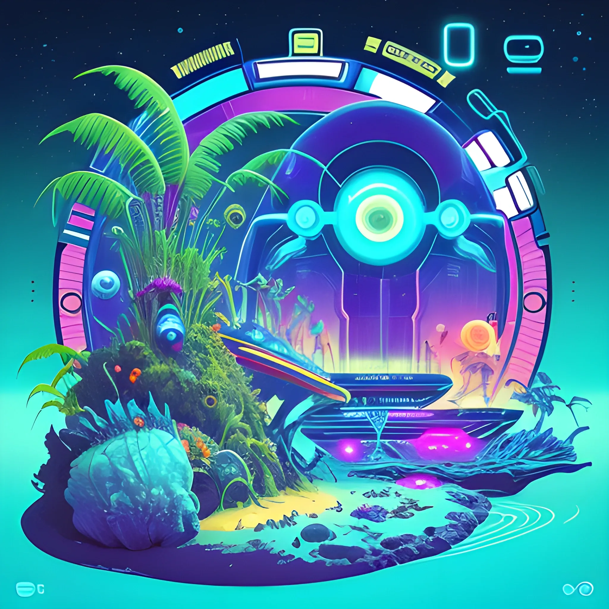 Title: "Alien Shoreline: Intergalactic Beach Party"

Description:
Design an album cover for a sci-fi concept album titled "Alien Shoreline: Intergalactic Beach Party." The album features a collection of futuristic, otherworldly tracks that transport listeners to a cosmic beach party hosted by extraterrestrial beings. The scene is set on a distant planet with a surreal shoreline, where colorful alien creatures and advanced technology coexist in harmony. Imagine a vibrant, intergalactic beach filled with strange plants, luminescent creatures, and futuristic partygoers, all celebrating under an alien sky.

Requirements:

Main Elements:

Alien Beach Setting: Create a visually stunning and imaginative beach landscape on an alien planet. Think of exotic plants, unusual rock formations, and an otherworldly ocean.
Extraterrestrial Creatures: Populate the scene with a variety of imaginative alien creatures. These could range from bioluminescent beings to robotic life forms.
Futuristic Partygoers: Design humanoid or non-humanoid characters dressed in futuristic beachwear, showcasing a mix of alien and human elements.
Stable Diffusion Logo: Include the band or artist's logo, "Stable Diffusion," in a prominent yet integrated manner on the album cover. The logo should complement the overall sci-fi theme.
Sci-Fi Elements: Incorporate advanced technology, holographic displays, or futuristic architecture to enhance the sci-fi atmosphere.
Color Palette:

Use a vibrant and contrasting color palette to create a visually striking composition. Experiment with neon colors, bioluminescent hues, and electric tones to bring the alien world to life.
Consider using a mix of warm and cool colors to evoke different moods within the same composition.
Typography:

Choose a sci-fi-inspired font for the album title ("Alien Shoreline: Intergalactic Beach Party") and tracklist. Ensure the typography complements the overall theme and adds to the futuristic vibe.
Composition:

Experiment with the composition to create a dynamic and visually engaging cover. Consider the placement of characters, creatures, and other elements to guide the viewer's eye across the artwork.
Mood and Atmosphere:

Convey a sense of excitement, celebration, and wonder. The mood should capture the essence of a lively beach party, albeit in an alien and futuristic context.
Feel free to let your creativity run wild and imagine a scene that merges the best of sci-fi and beach party aesthetics.