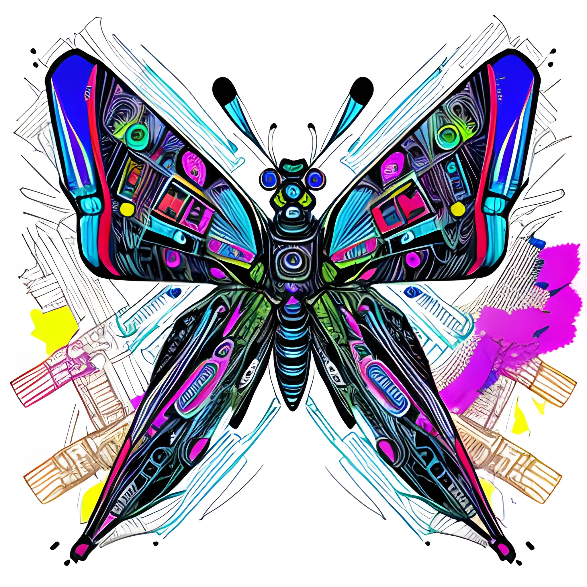 cyberpunk style, scribbly scribbles colourful pen and ink pencil sketch of a butterfly with a robot, intricate details, cinematic, illustration, painting without humans