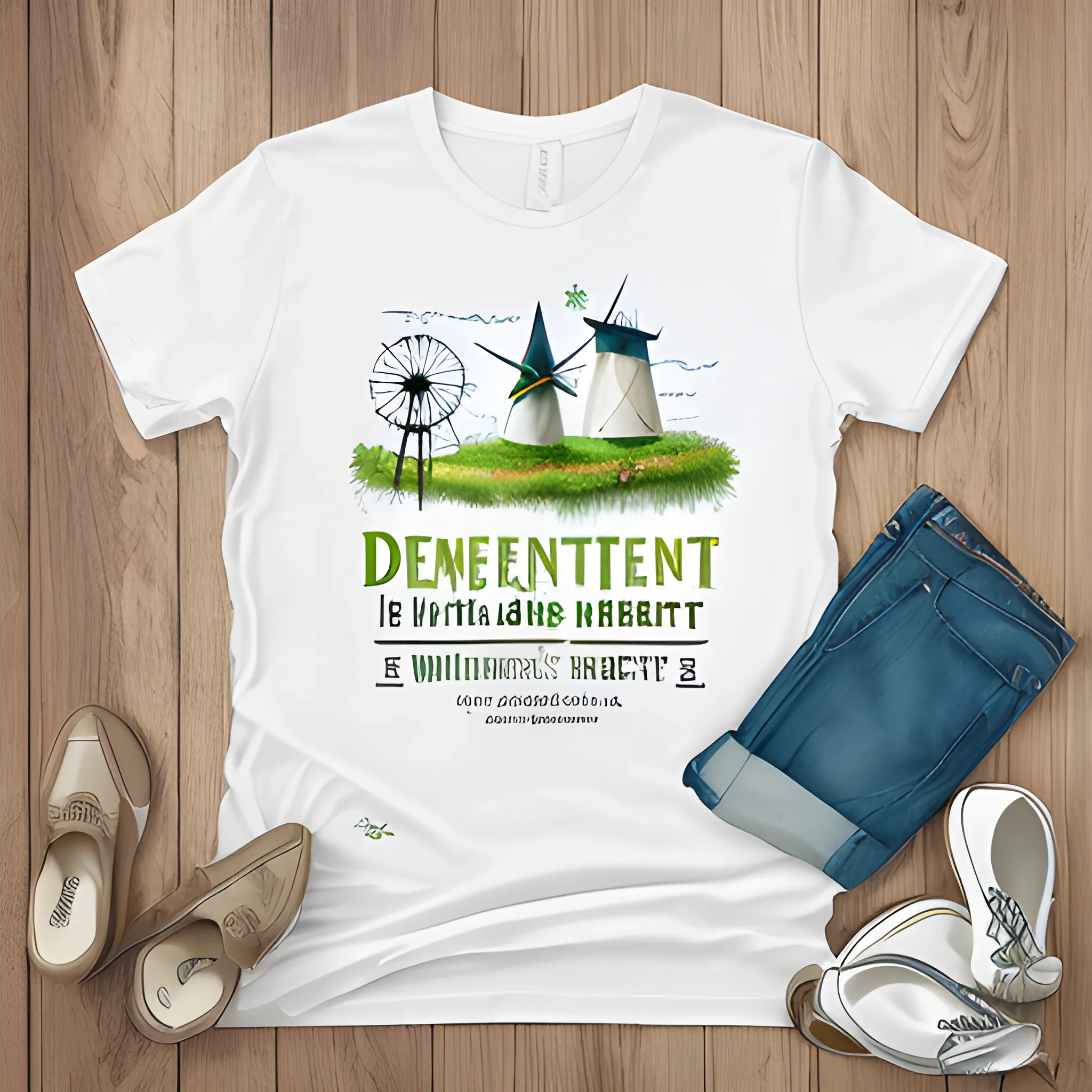 T-shirt print design with text: Moments of delight, with windmill and greenery, Photorealistic Line Art and Alcohol Ink