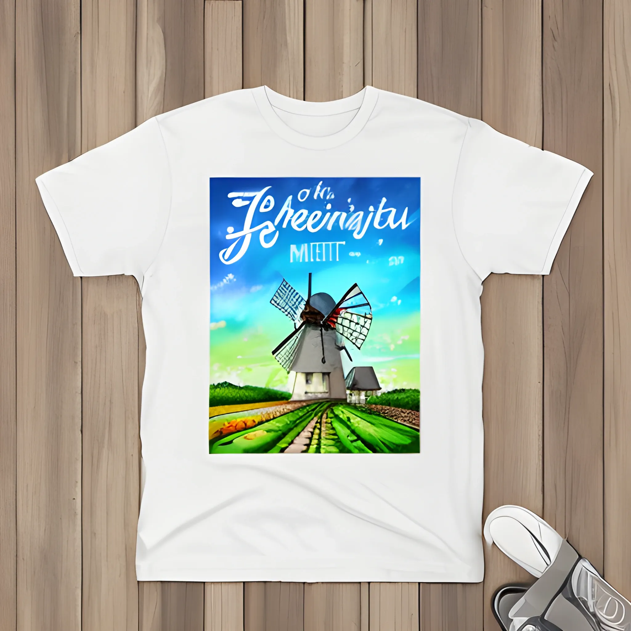 T-shirt print design with text: Moments of delight, with windmill and greenery, Photorealistic Line Art and Alcohol Ink, Cartoon