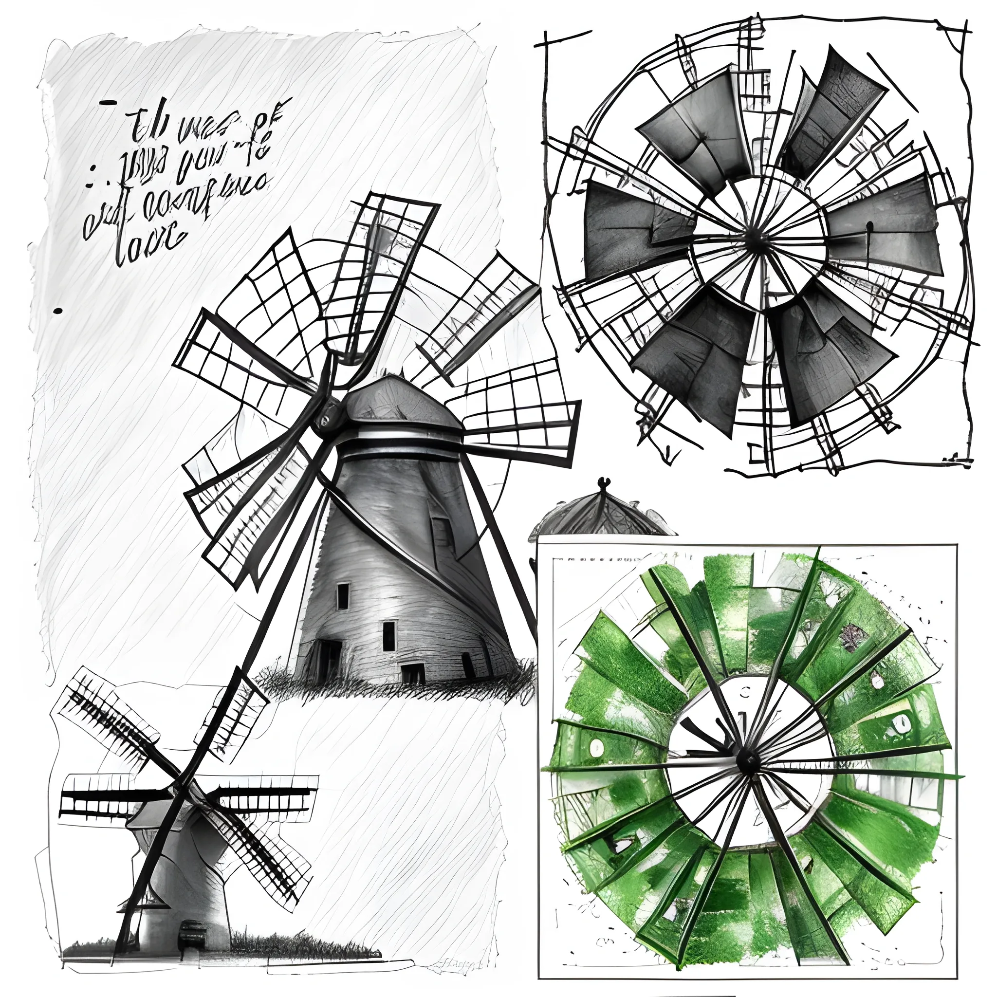 T-shirt design with text: Moments of delight, with windmill and greenery, Photorealistic Line Art and Alcohol Ink,, Pencil Sketch