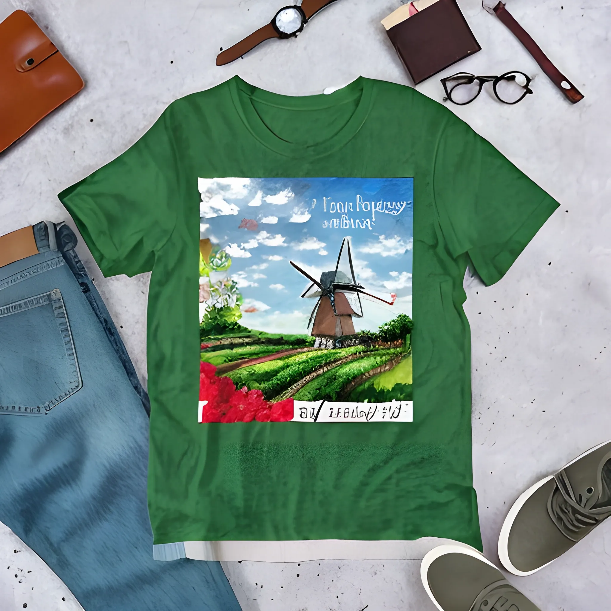 T-shirt design with text: Moments of delight, with windmill and greenery, Photorealistic Line Art and Alcohol Ink., Oil Painting