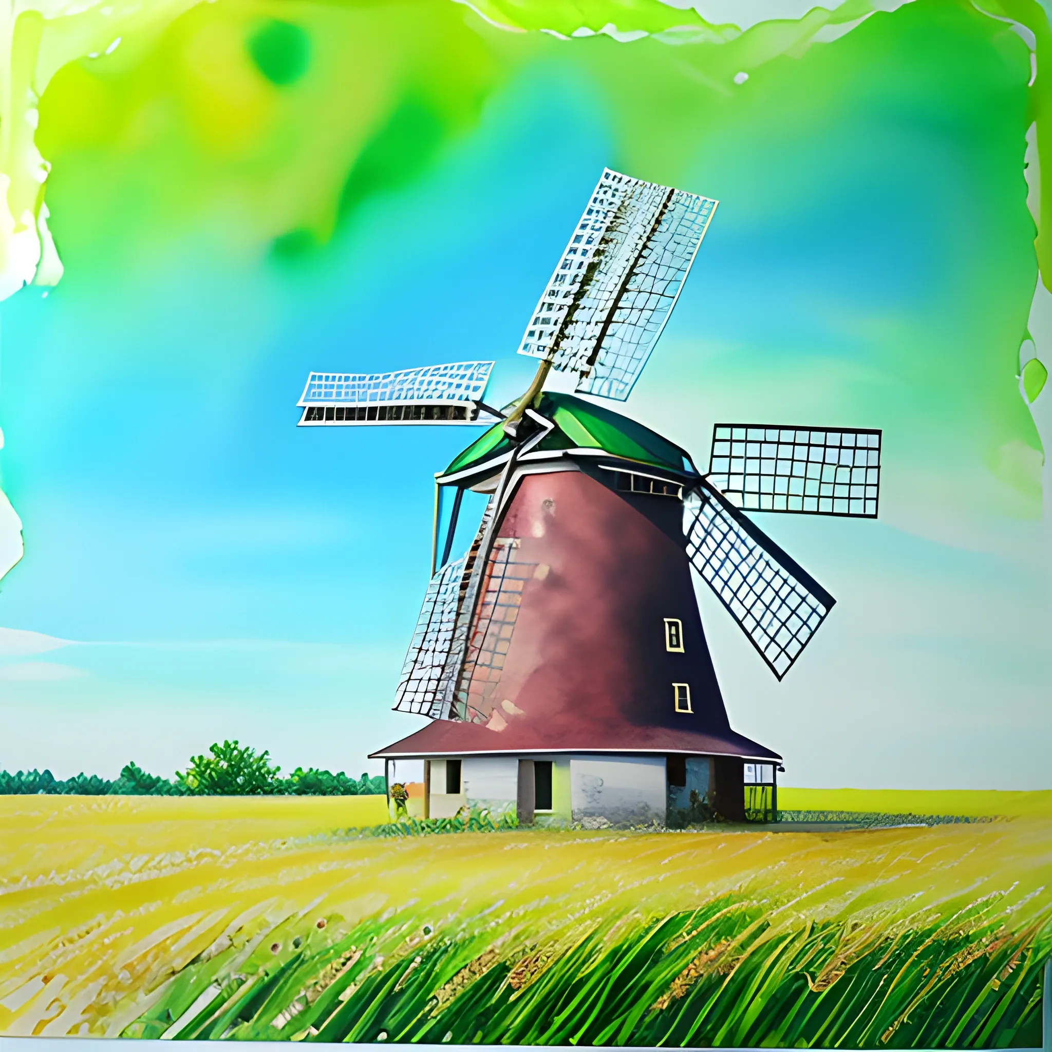 Windmill and greenery, Photorealistic Art and Alcohol Ink., Oil Painting, Water Color