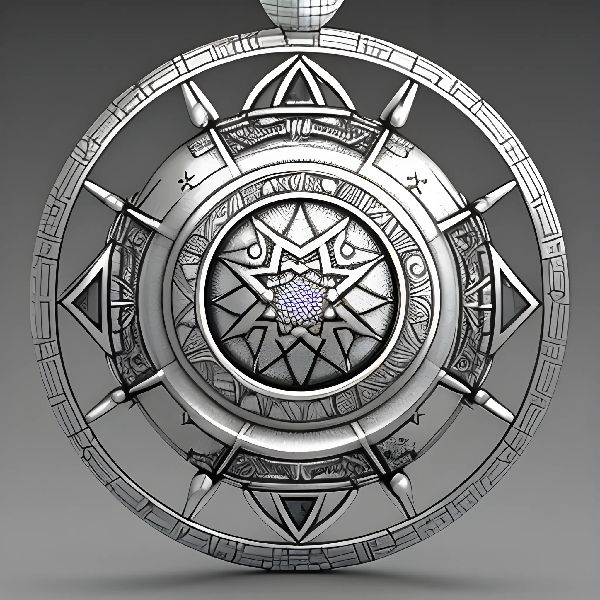 Can you make an AI design of a silver amulet bestowed by a goddess of the moon, stars, and magic, 3D?
