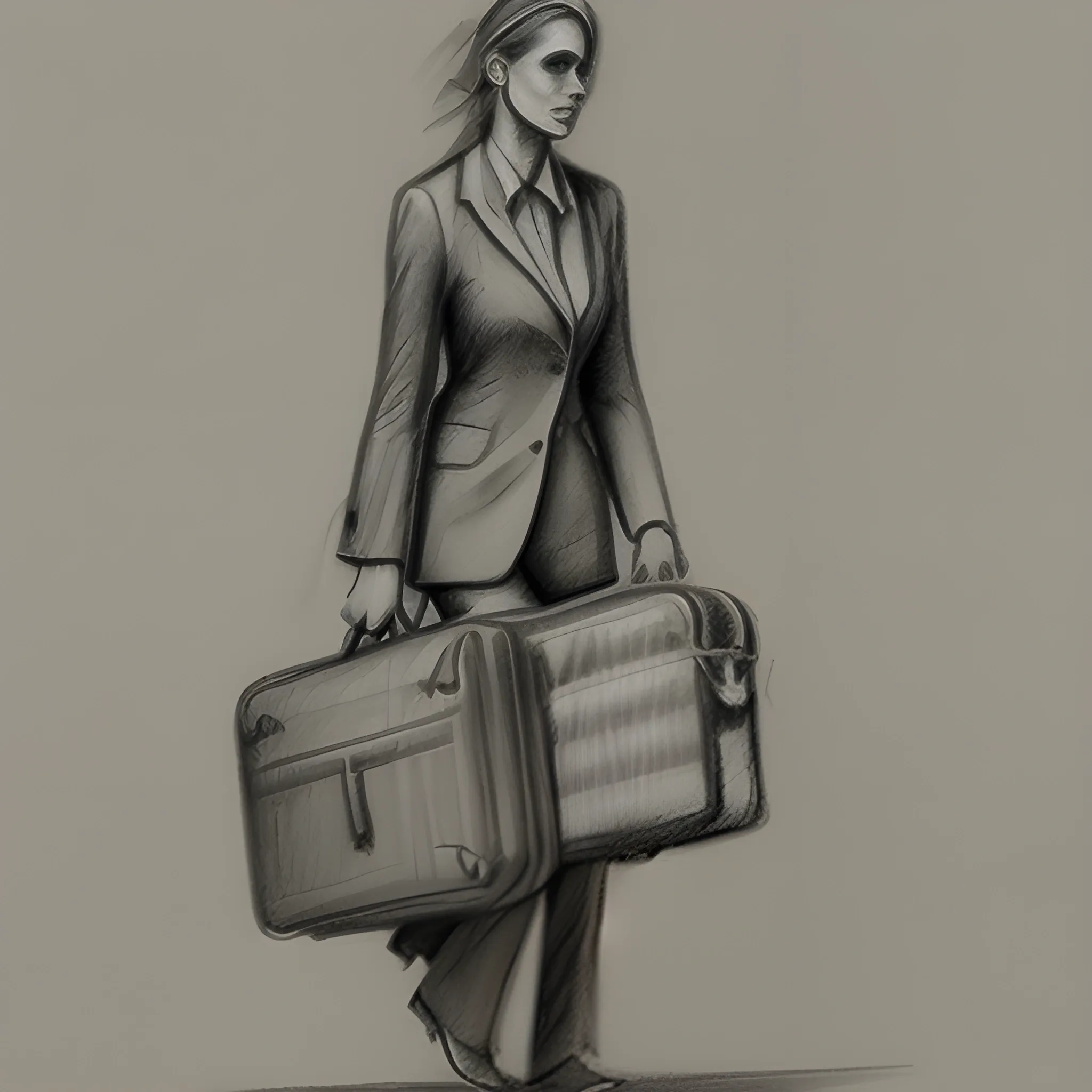 , Pencil Sketch a woman carrying a suitcase