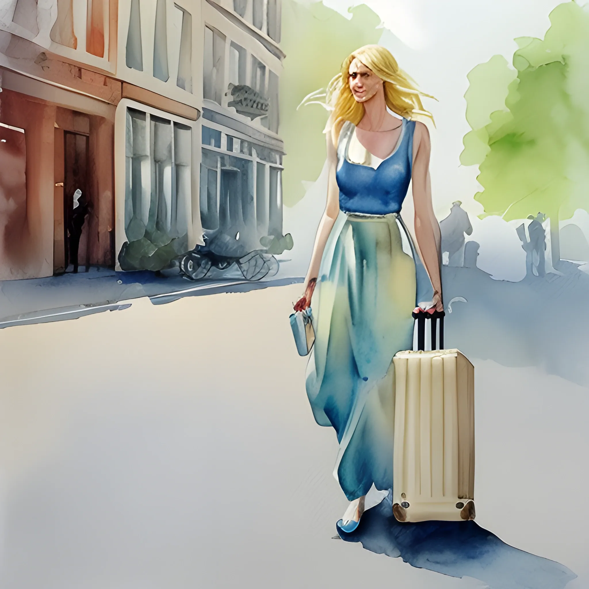 ,  a tall blond woman carrying a suitcase in broad daylight, , Water Color, Pencil Sketch