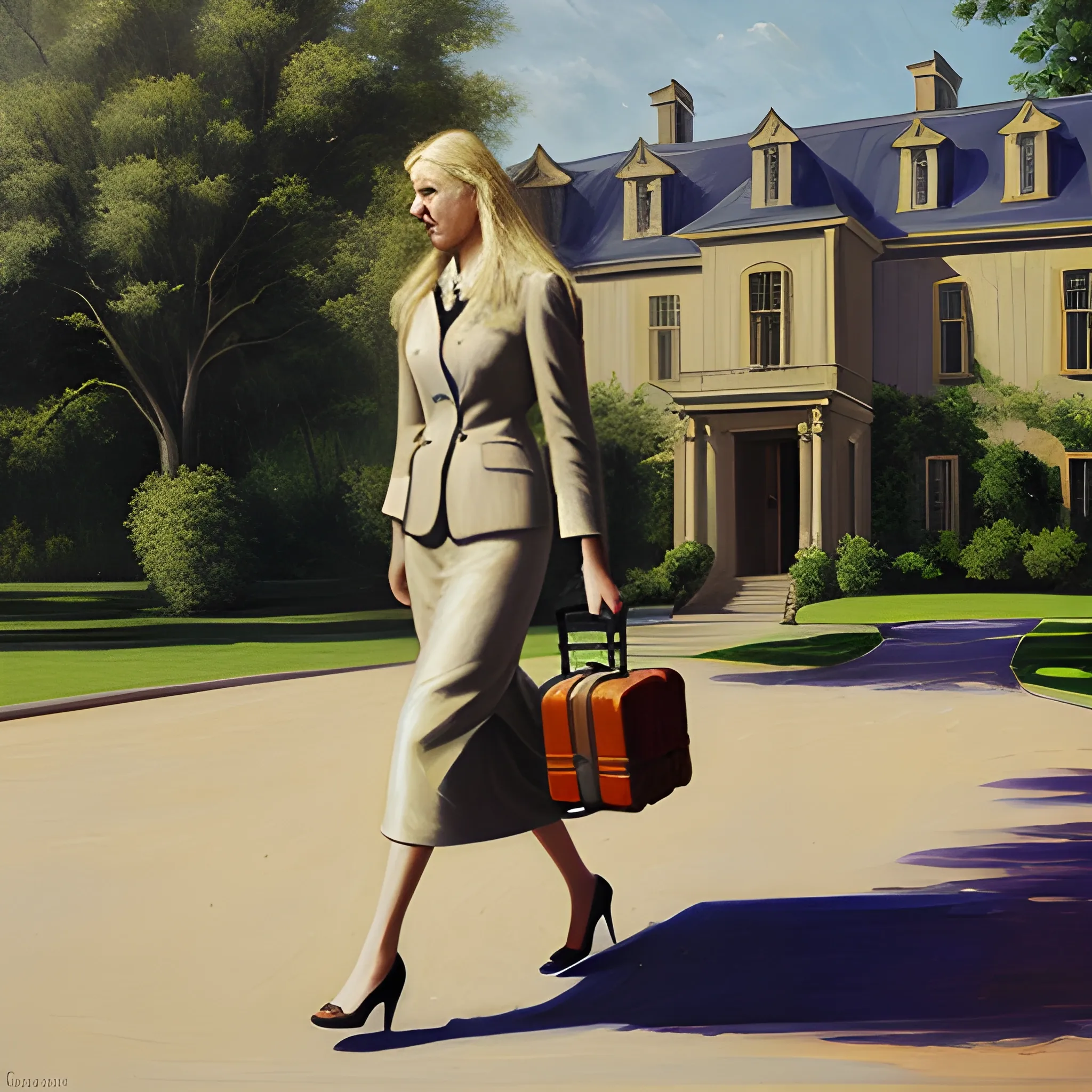 Oil Painting, a tall blond woman carrying a suitcase in broad daylight leaving a mansion