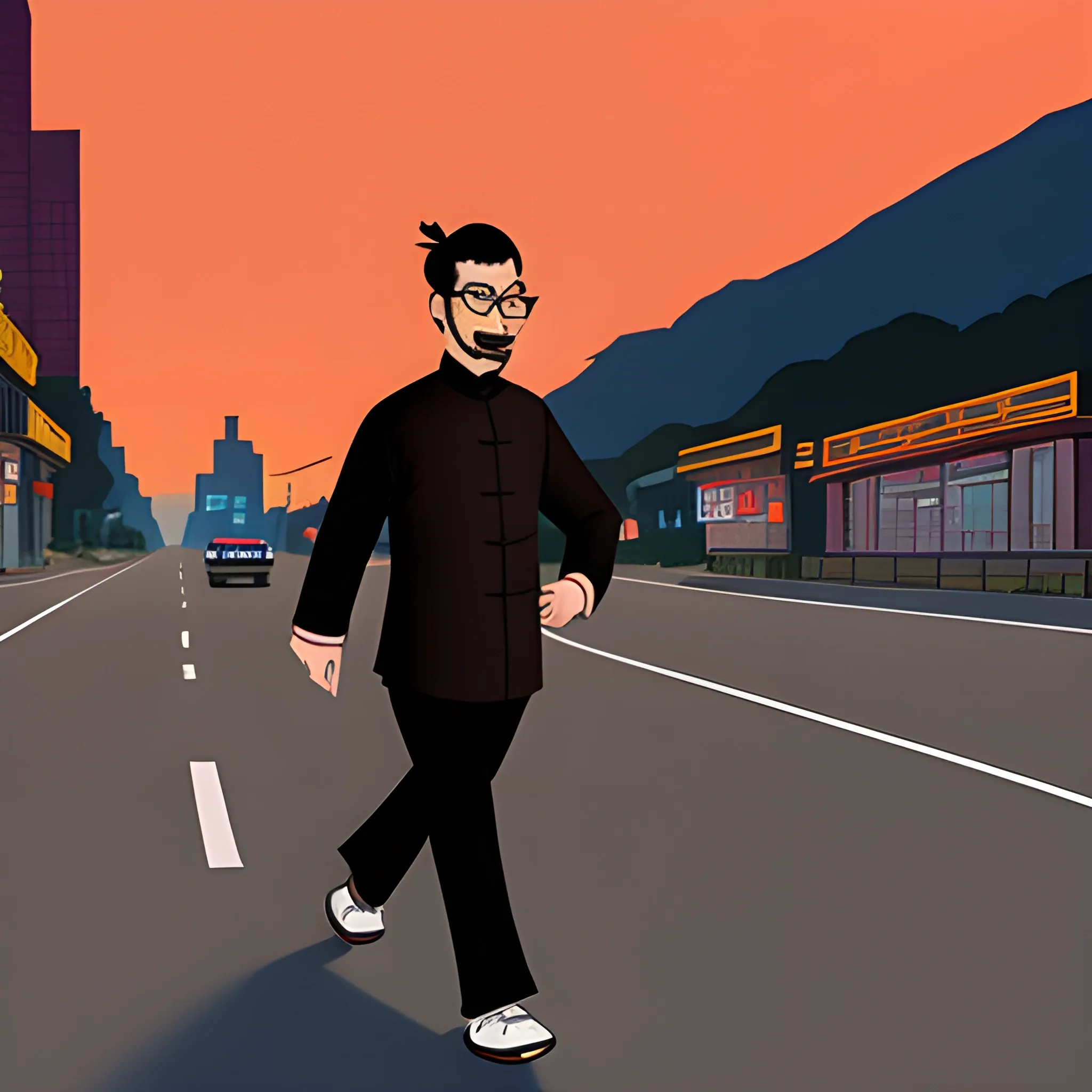 Chinese down-and-out man, decadent, newly unemployed, with short hair, glasses, beard, thin figure, walking on the road at dusk, Cartoon