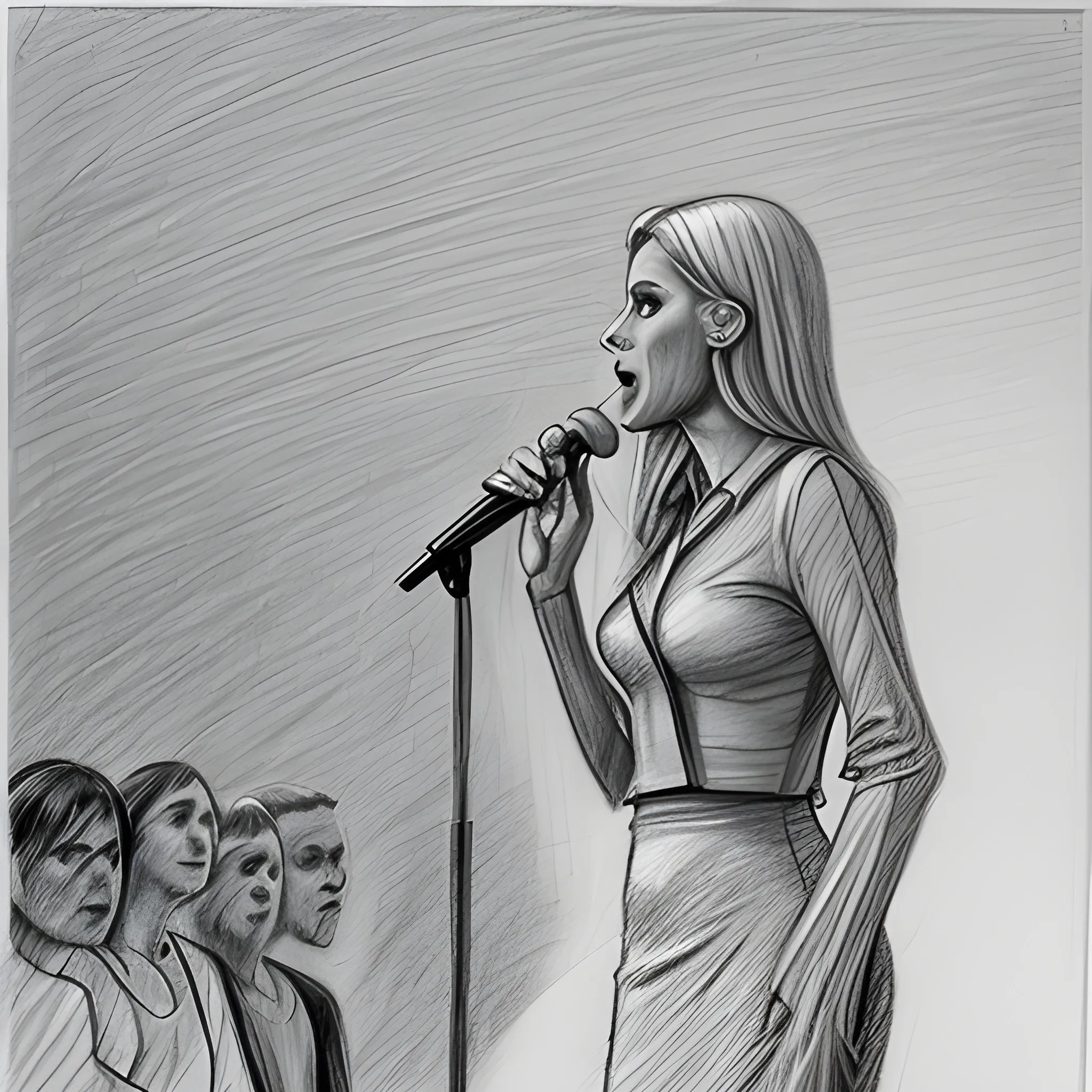 Pencil Sketch, a tall blond woman speaking publicly to a crowd on a microphone 