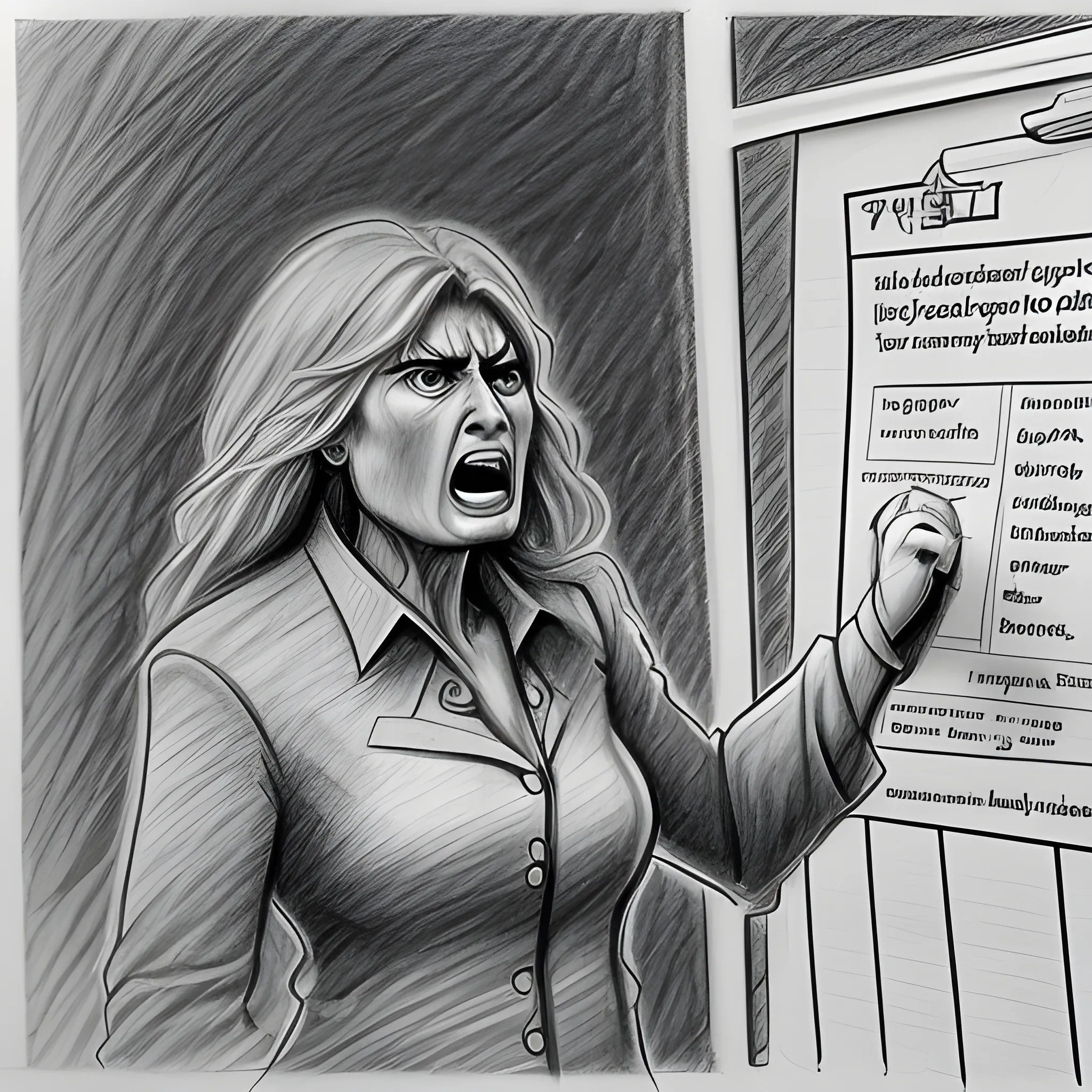 Pencil Sketch, a furious woman denying allegations to the public