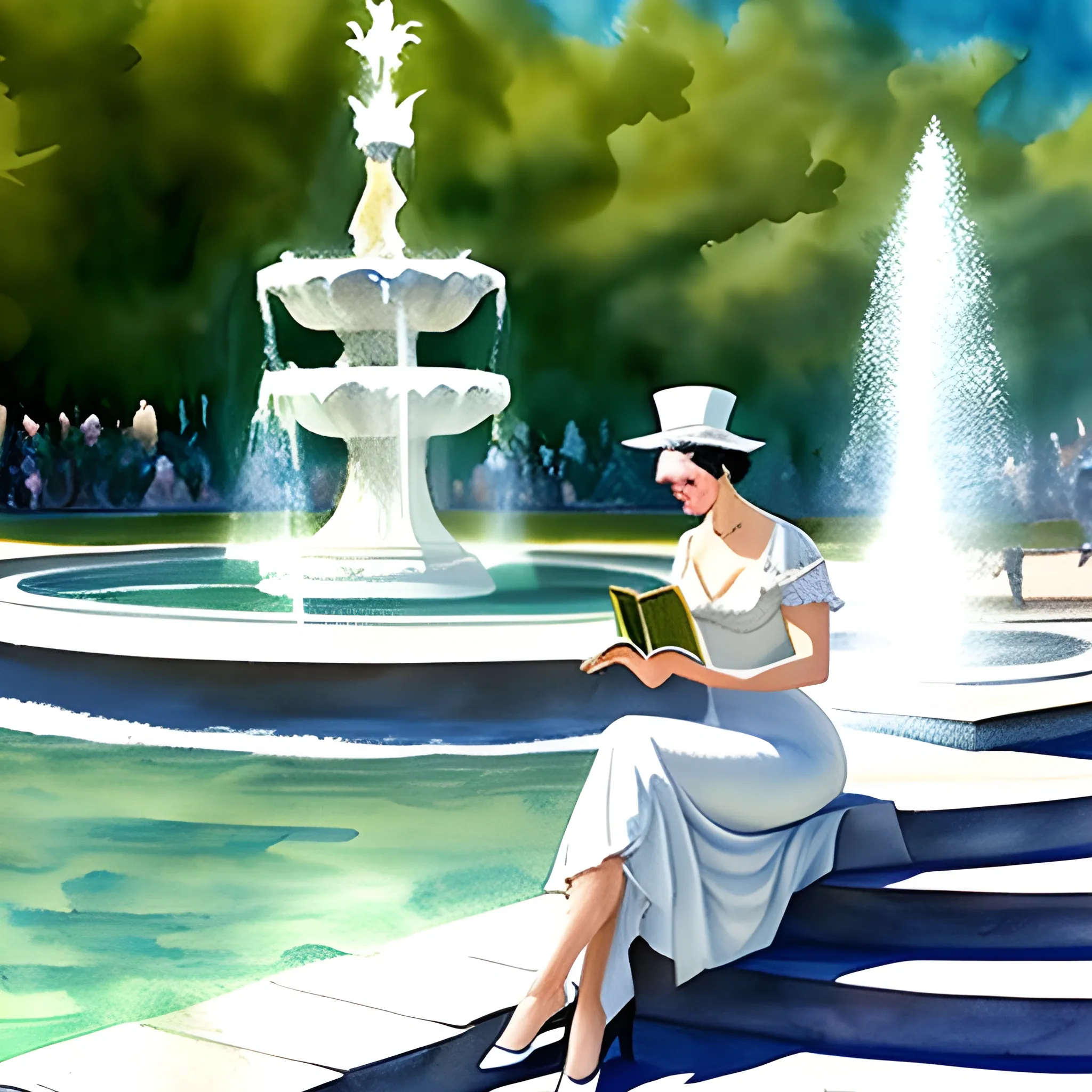 In the 18th century, a girl reading a book on white stairs near the fountain in the park, Water Color