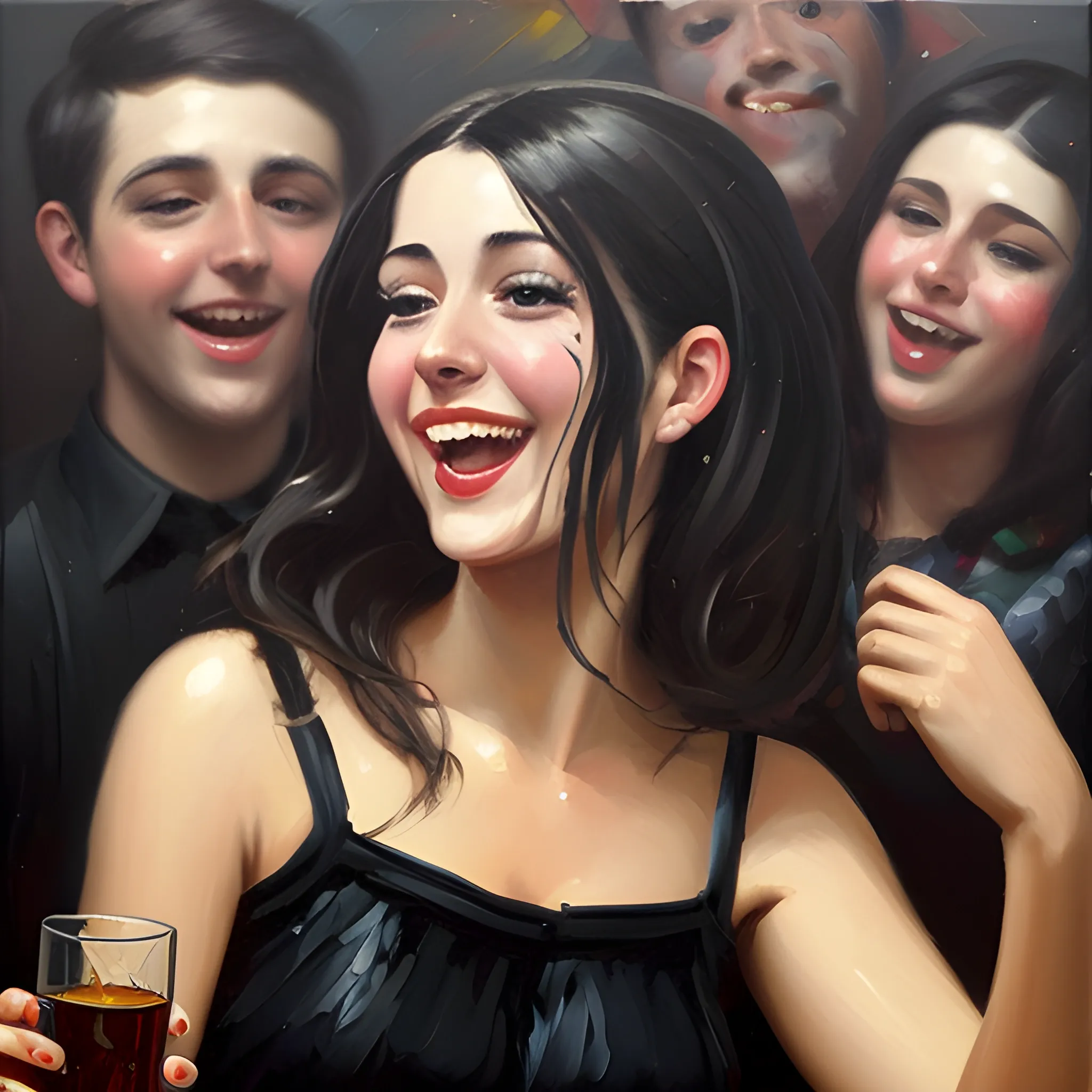 , Oil Painting a dark-haired woman having fun in a party