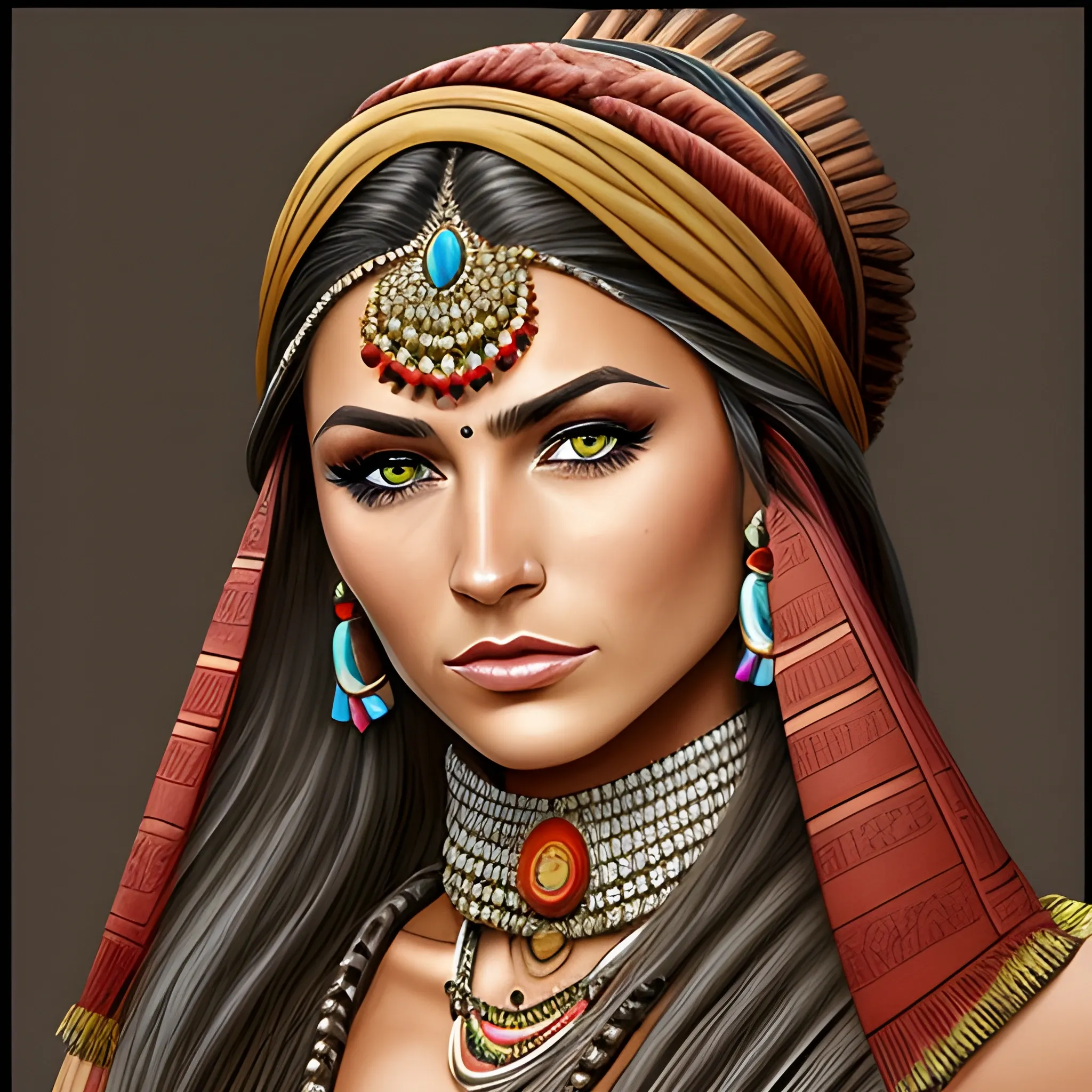 a drawing of a western beautiful female outlaw, highly detailed, stunning, wearing Indian accessories 