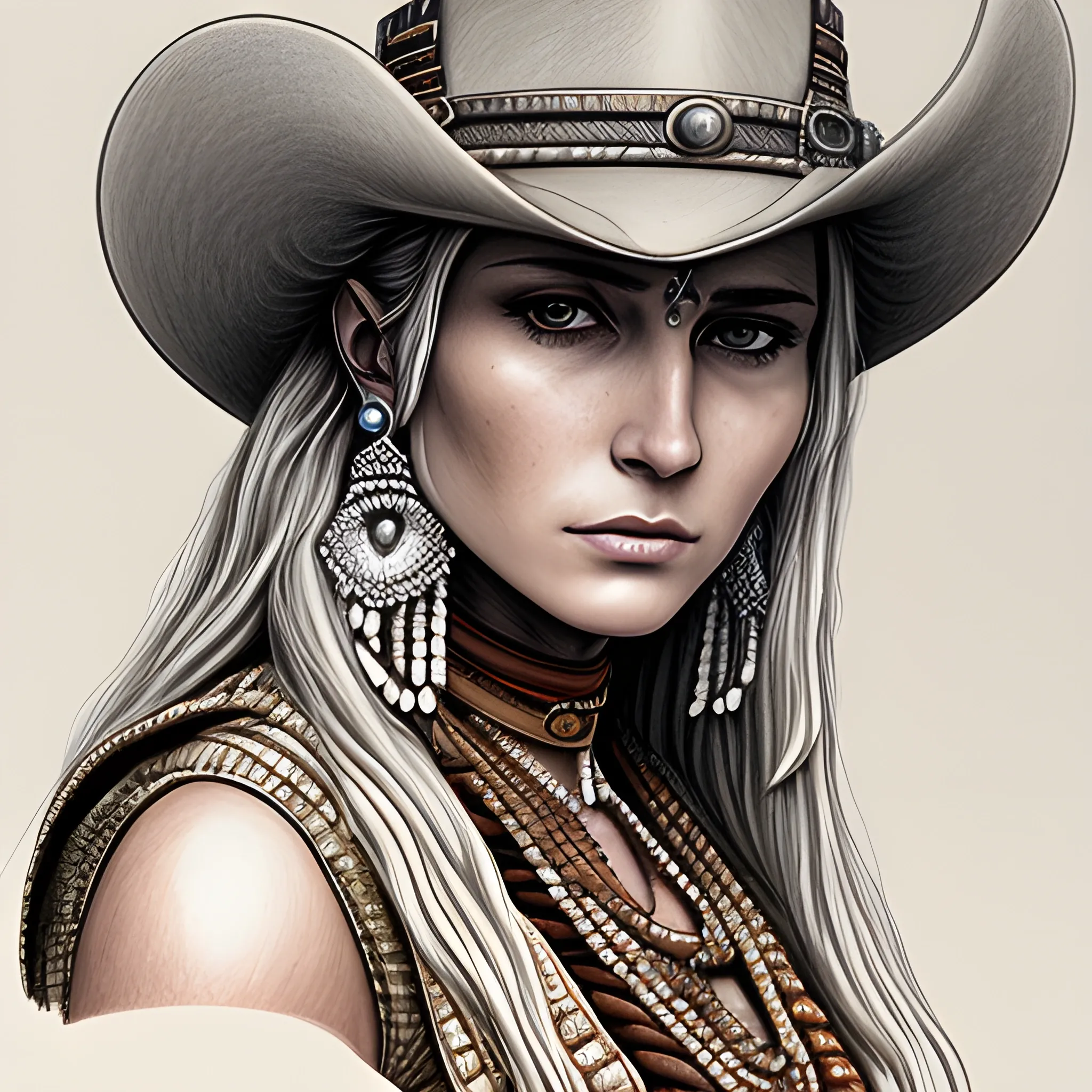 a drawing of a western beautiful white female outlaw, highly detailed, stunning, wearing Indian accessories 