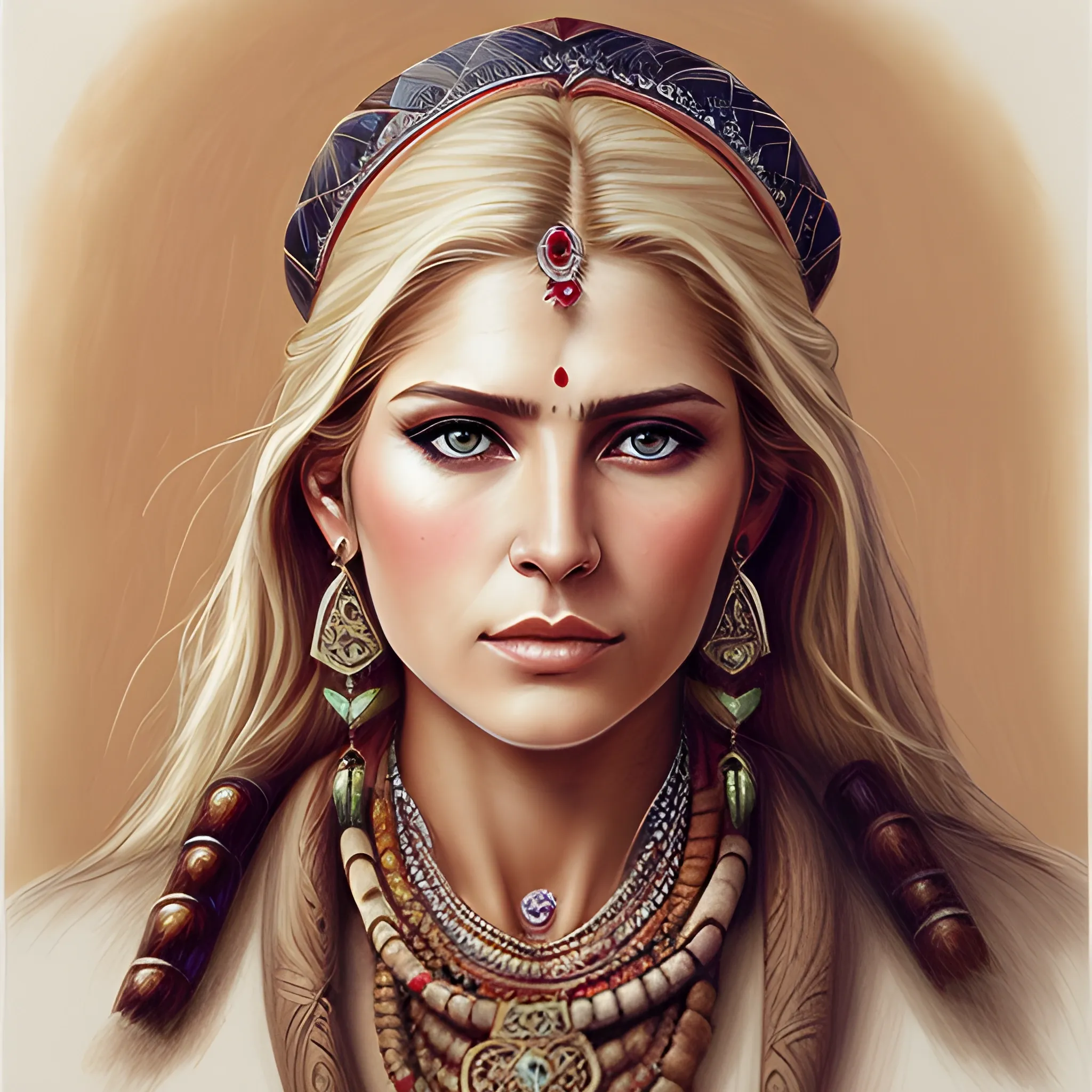 a drawing of a western beautiful white female outlaw, highly detailed, stunning, wearing Indian accessories , Oil Painting