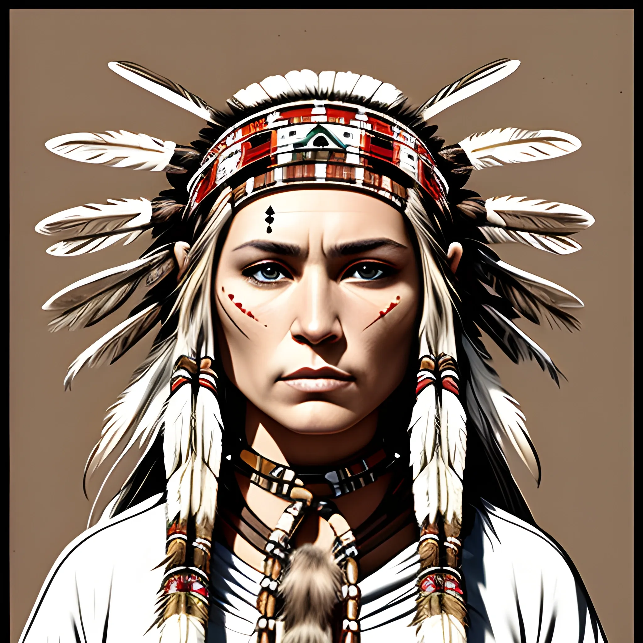 a drawing of a western beautiful white female outlaw, highly detailed, stunning, wearing Native American Indian accessories 