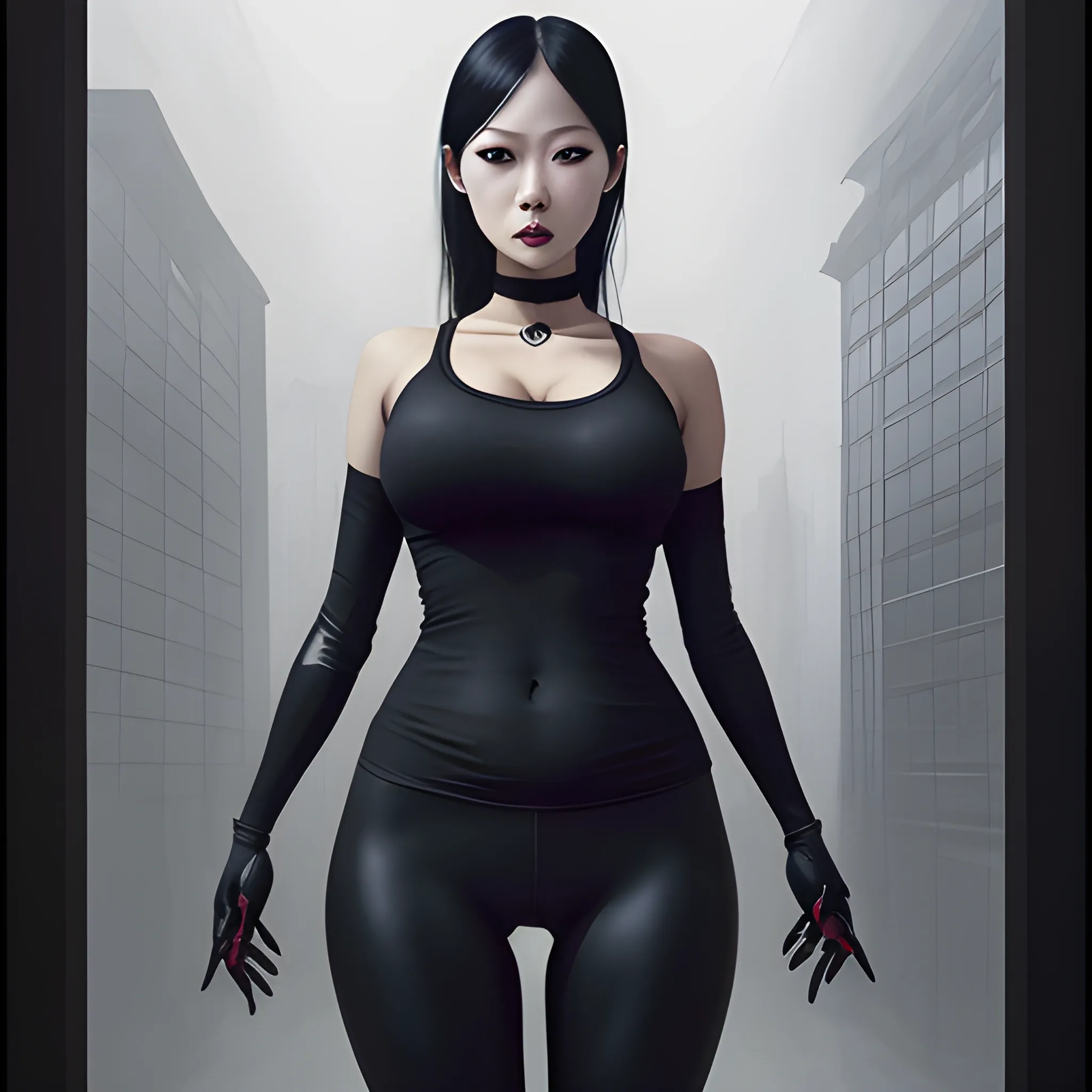 dark painting, intensive colors, office fashion shot of a beautiful modern korean woman posing in front of a gothic style, symmetric face, manga eyes, full figure, fit, tight shirt,  spandex yoga pants,  cameltoe, choker, postapocaliptic city nigh, horror art by Greg Rutkowski, Oil Painting