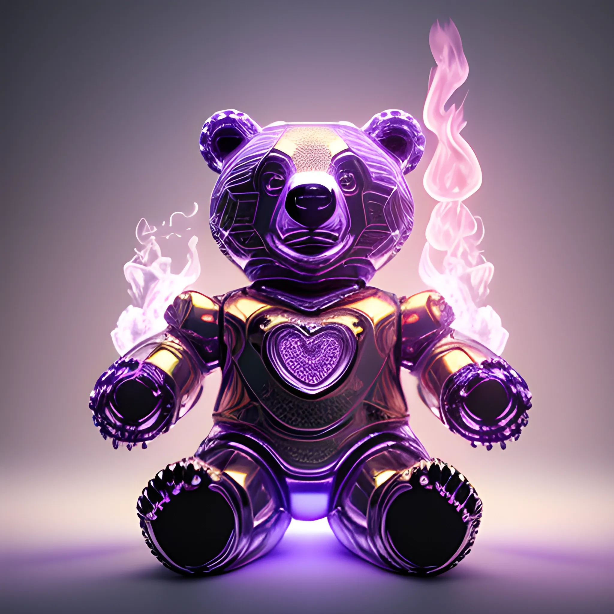 Cinematic hyperrealistic photo of High quality digital detailed art robotic bear with purple light coming from his ironic body 3d effect realistic golden silver ironic body robotic bear surrounded with purple fire 