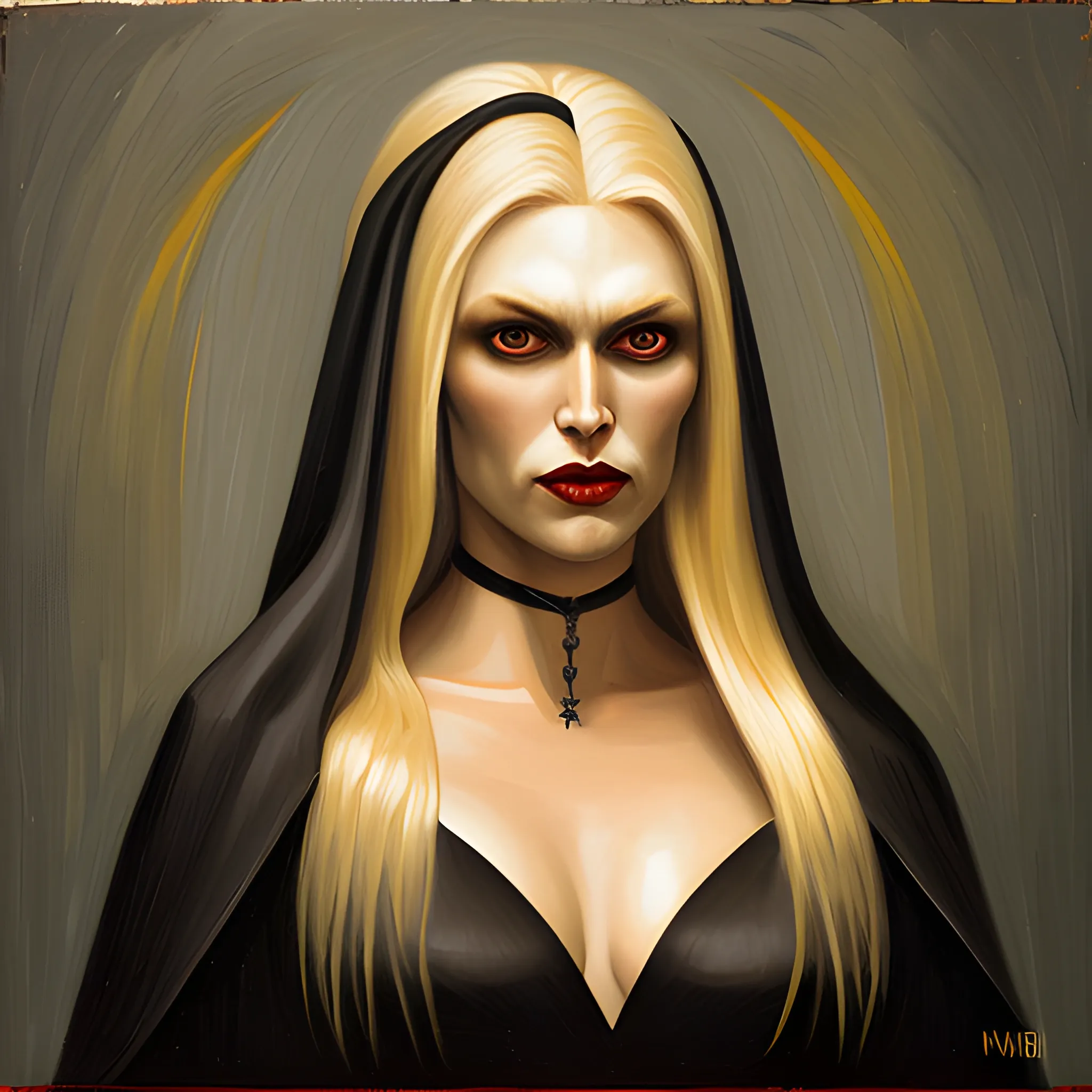 Oil Painting, a tall blond vampire woman in a nightgowl