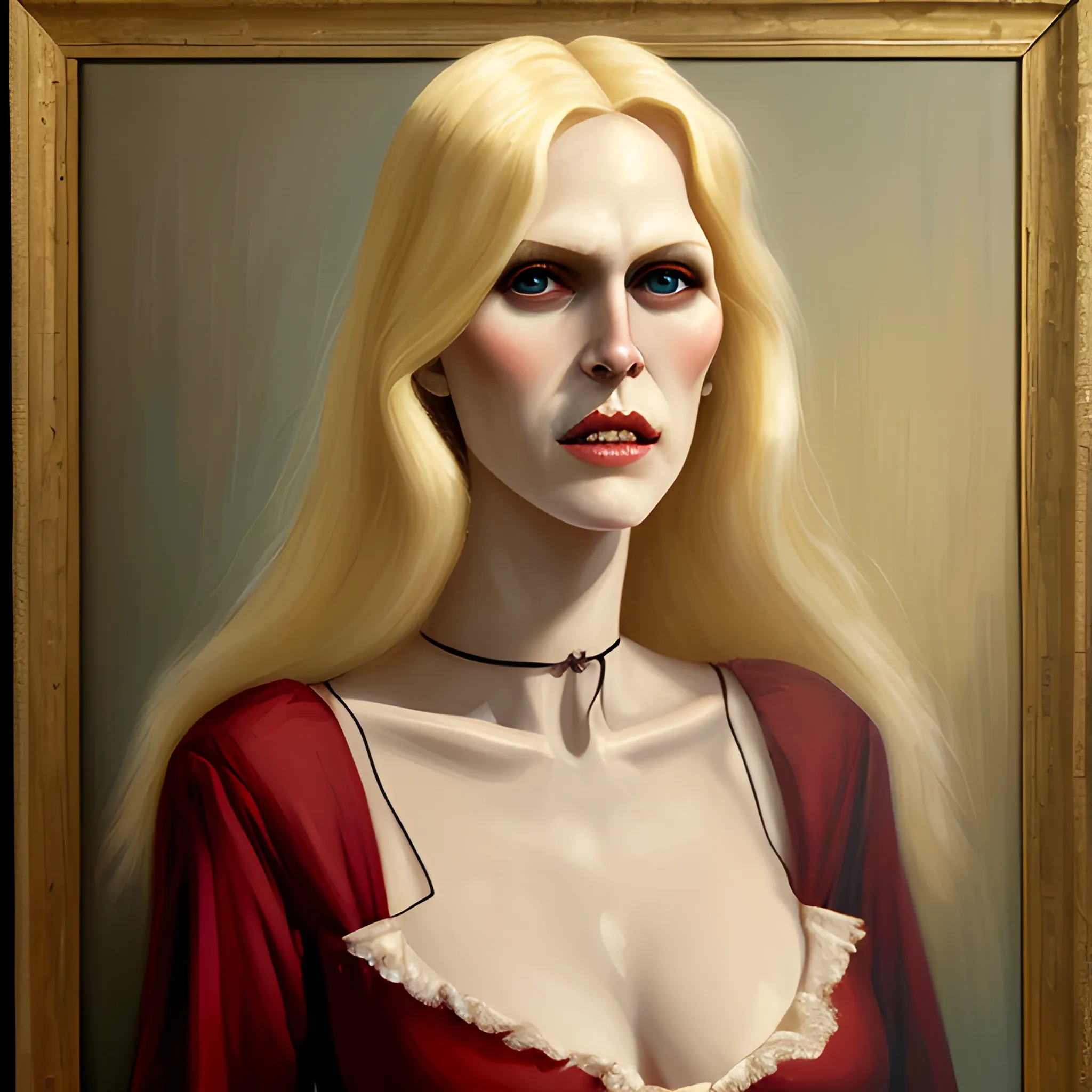 Oil Painting, a pretty tall blond vampire woman in a nightgown