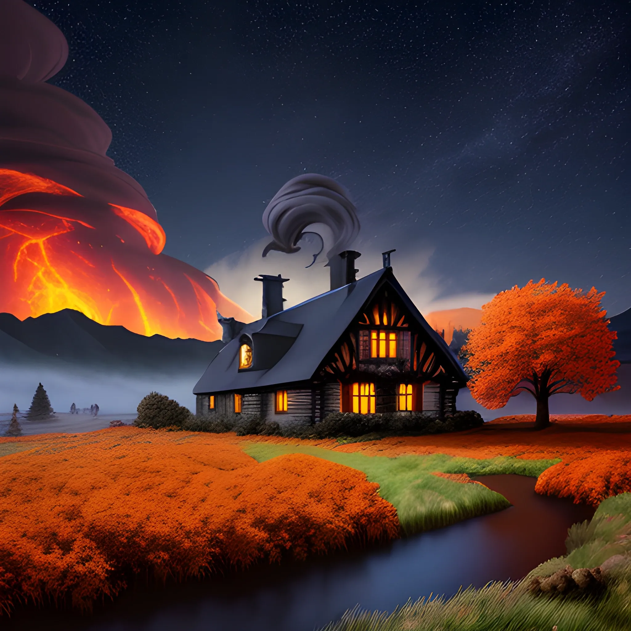  Windy autumnal landscape, wild horses, giant gothic French style cottage with smoke rising from chimney, giant lake with small wooden boat on it, oak trees all over, stars shining, orange moon shining, dark dramatic sky, massive nocturnal hurricane, epic wilderness storm, midnight darkness; grandiose scale, anime visual, professional anime animation still, sharp focus, saturated colors, high dynamic range, cartoony