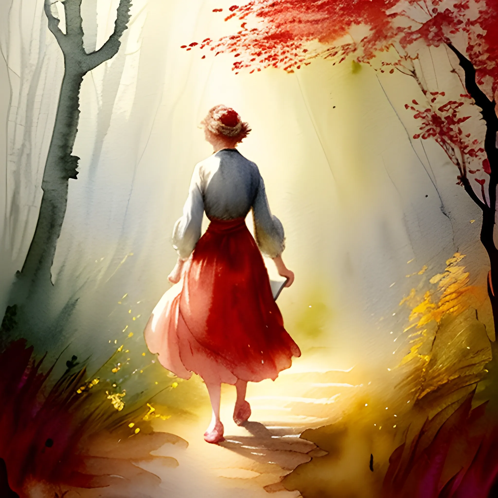 Illustrate a woman using the watercolor technique of the renowned painter J.M.W. Turner, as she wanders through a mystical forest, her steps guided by the faint glow of fireflies. Employ Turner's watercolor techniques, with a dominant use of the color red, to capture the essence of her journey. She carries a journal to document her adventures.