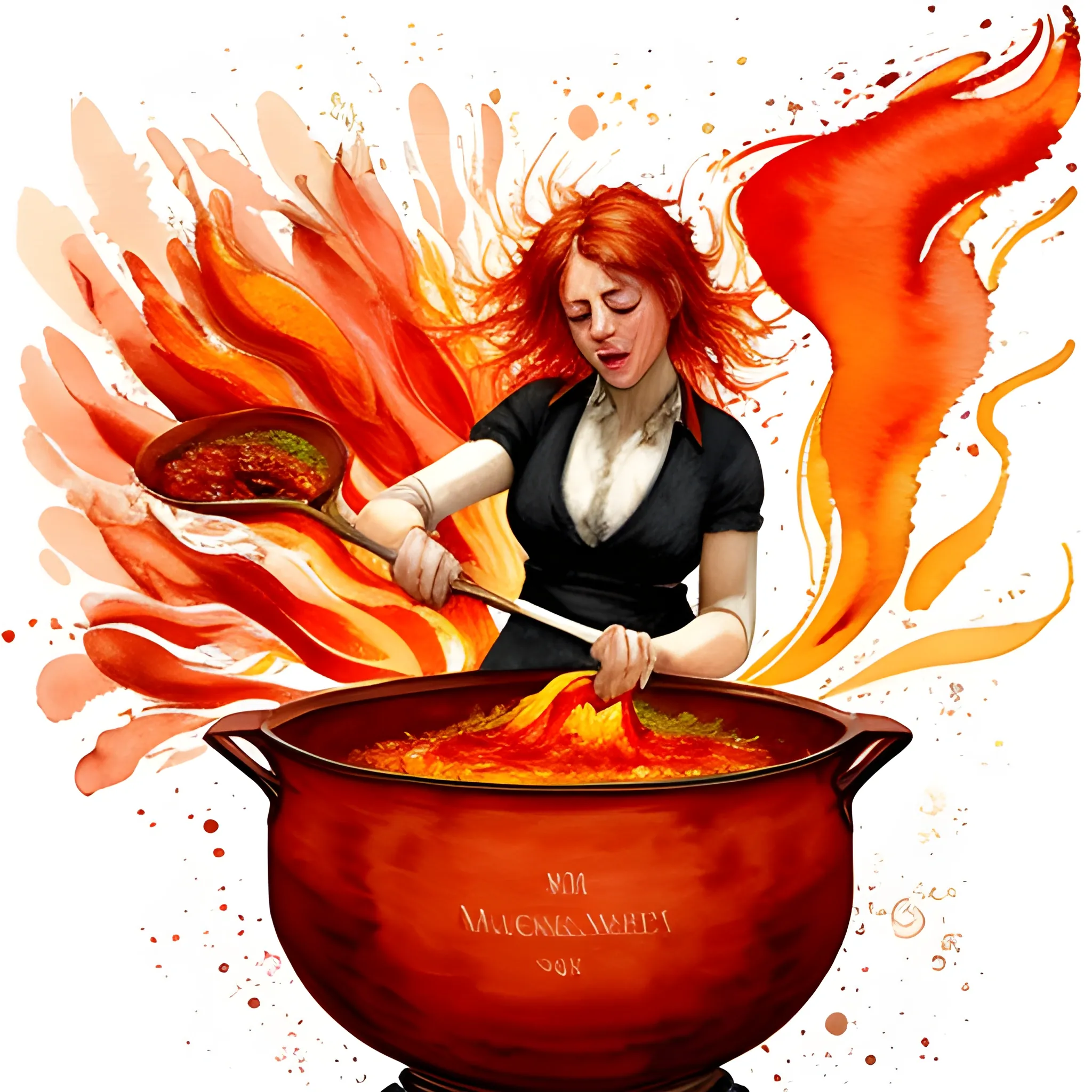 Illustrate a woman passionately preparing a fiery, spicey dish in a colossal cauldron, inspired by the watercolor techniques of the famous painter J.M.W. Turner. The reds and oranges should burst with vibrancy, capturing the intensity of the flavors she's creating