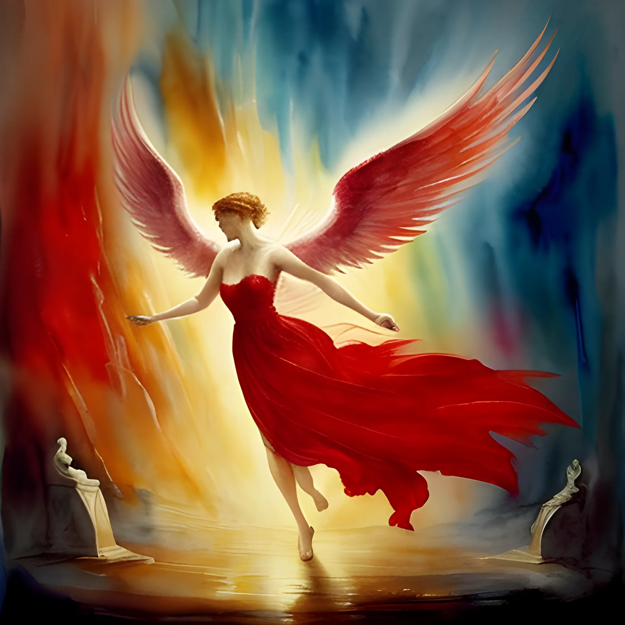 Illustrate a powerful scene of a woman with majestic wings rising from an ancient, mystical altar. Use watercolor techniques reminiscent of the renowned painter J.M.W. Turner, with the predominant use of the color red to capture the enchanting moment of ascension.