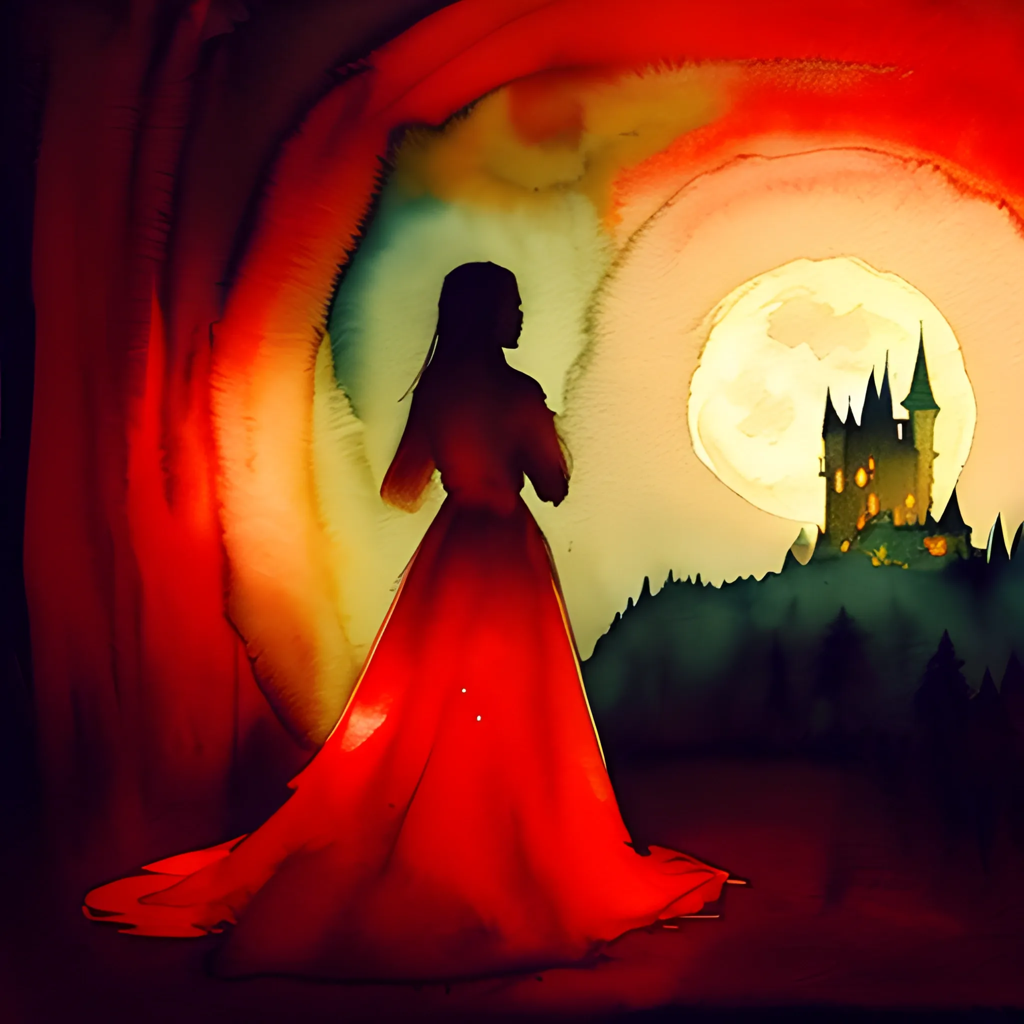 Illustrate a captivating scene of a woman, guided by the soft glow of a full moon, discovering a majestic castle nestled in the darkness. Utilize watercolor techniques reminiscent of the renowned painter J.M.W. Turner, with the predominant use of the color red to evoke a sense of enchantment