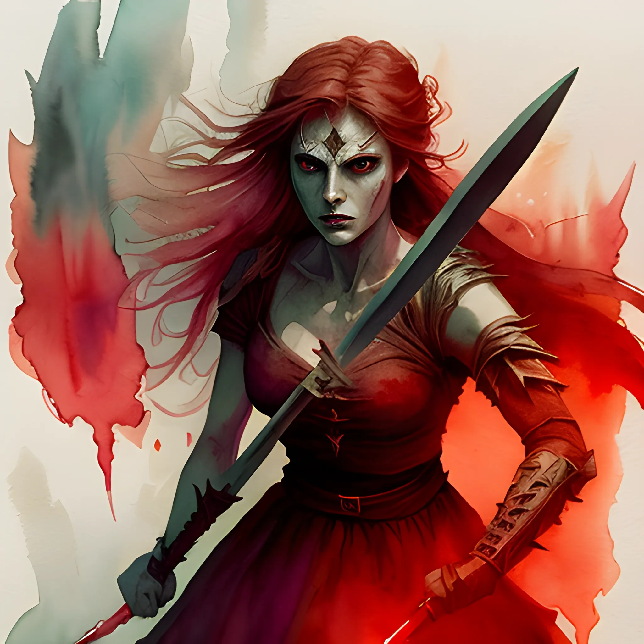 Illustrate a spellbinding scene featuring a fierce woman warrior, wielding a mystical dagger imbued with otherworldly powers, as she confronts supernatural creatures of the night. Utilize watercolor techniques reminiscent of the renowned painter J.M.W. Turner, with the predominant use of the color red to enhance the magical atmosphere