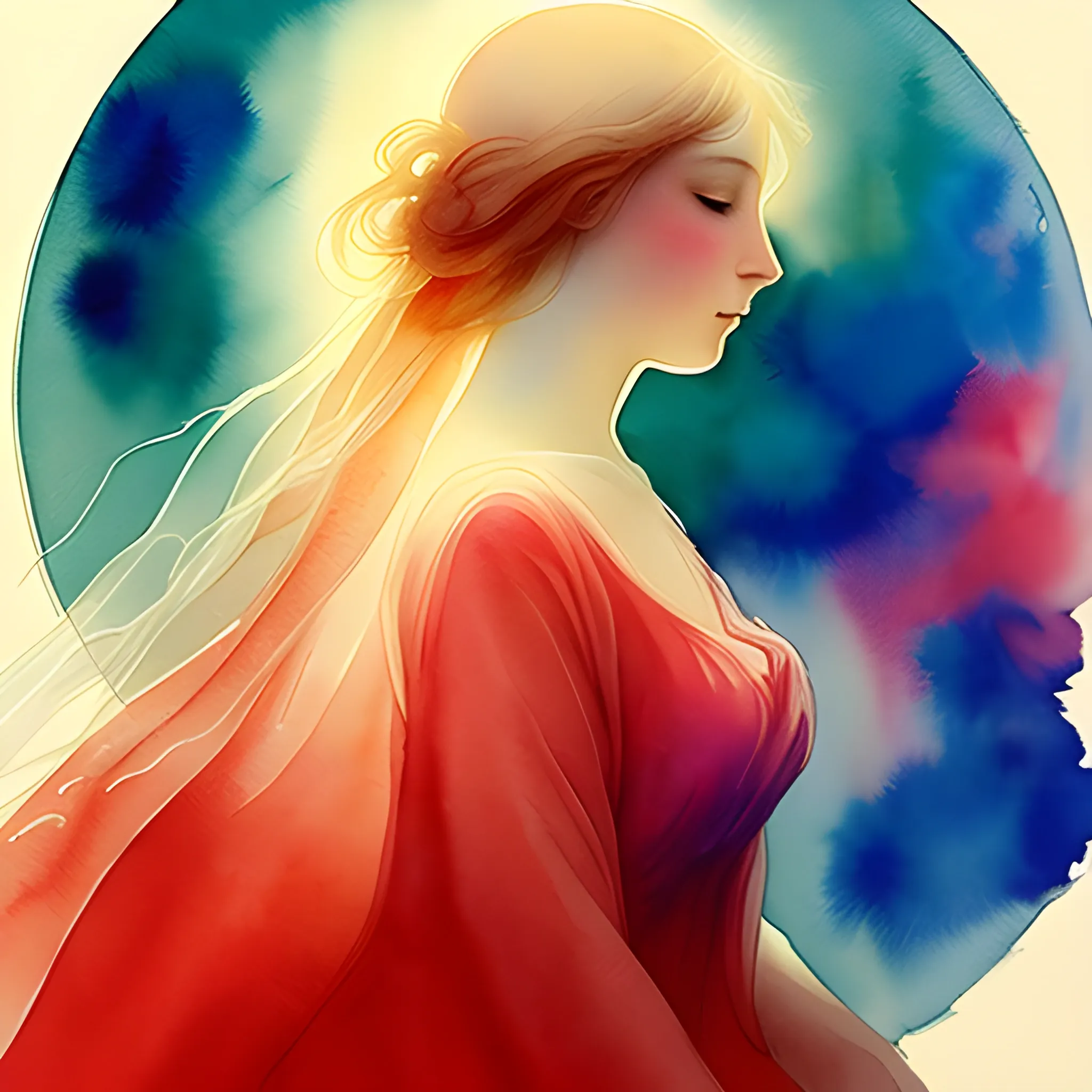 Illustrate a celestial scene with a woman embodying an angelic presence, bathed in the gentle radiance of divine light. Utilize watercolor techniques reminiscent of the renowned painter J.M.W. Turner, with the predominant use of the color red to emphasize the ethereal beauty